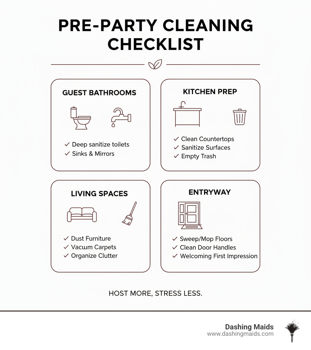 Infographic showing pre-party cleaning checklist with sections for guest bathrooms (deep sanitize toilets, sinks, mirrors), kitchen prep areas (clean countertops, sanitize surfaces, empty trash), living spaces (dust furniture, vacuum carpets, organize clutter), and entryway (sweep/mop floors, clean door handles, create welcoming first impression) - pre party cleaning denver infographic 