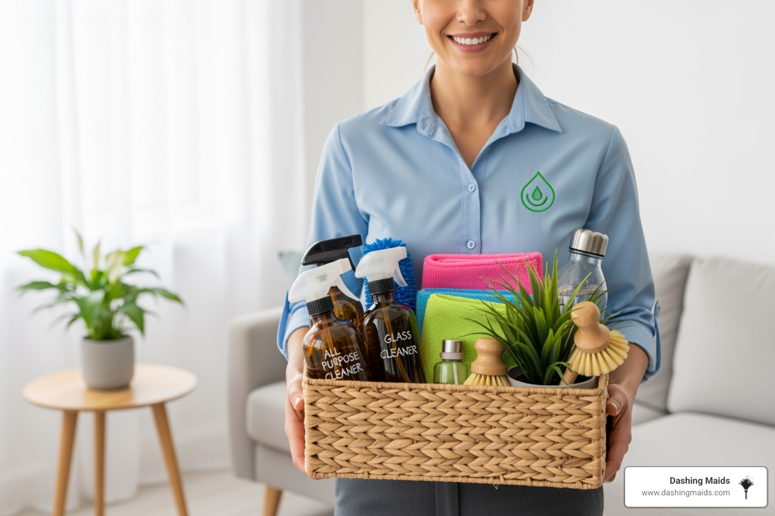 friendly, professional cleaner holding eco-friendly cleaning supplies - pre party cleaning denver