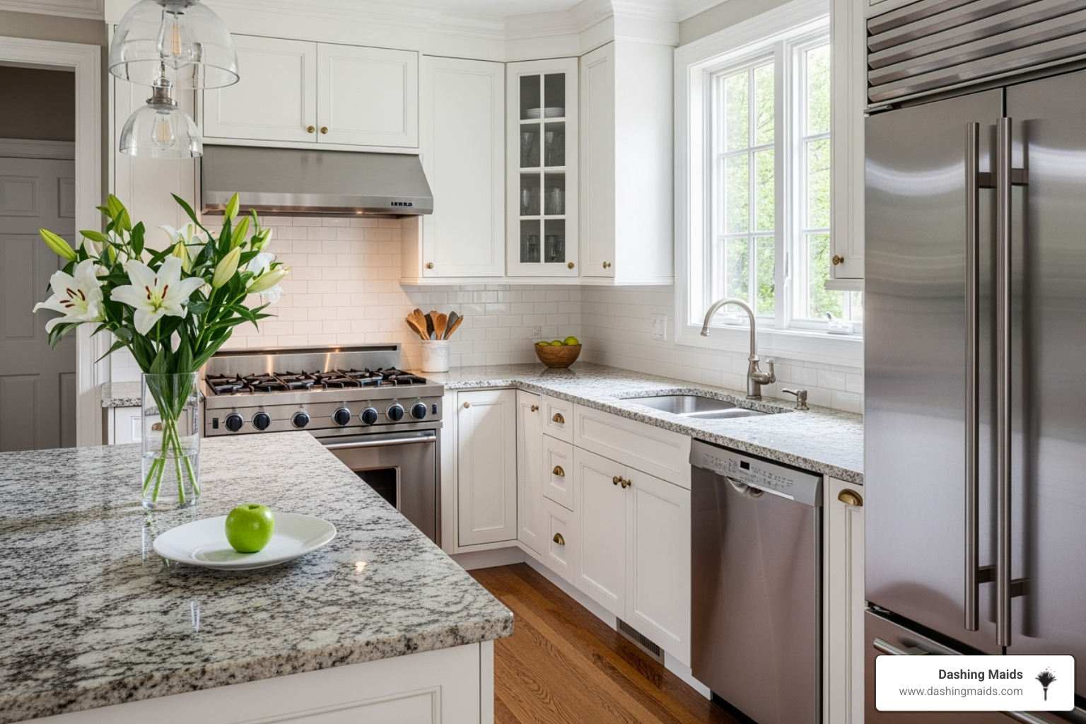 sparkling clean kitchen with polished countertops and appliances - pre party cleaning denver