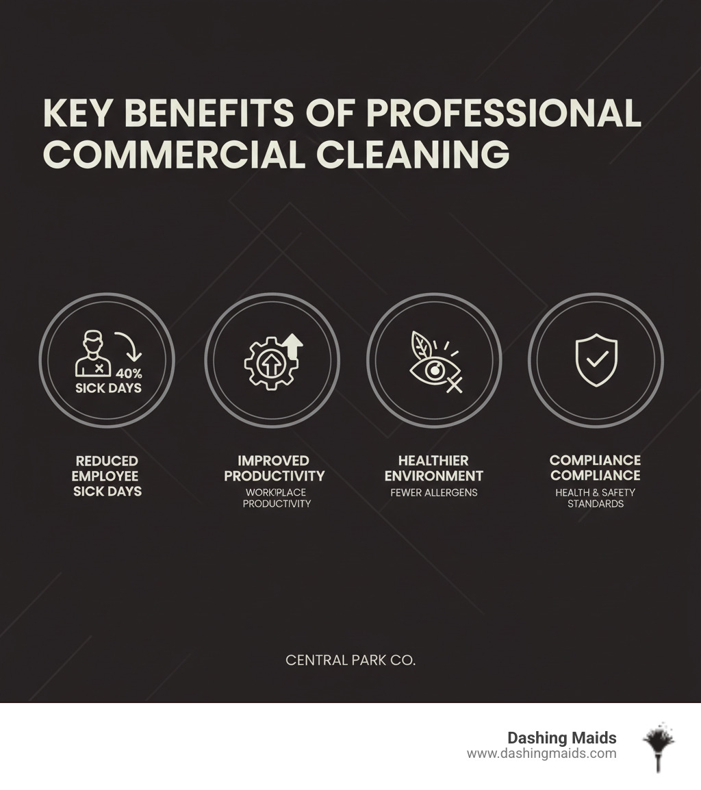 infographic showing key benefits of professional commercial cleaning including reduced employee sick days by 40 percent, improved workplace productivity, enhanced client perception and first impressions, healthier work environment with fewer allergens, and compliance with health and safety standards - commercial/office cleaning service in central park co infographic 
