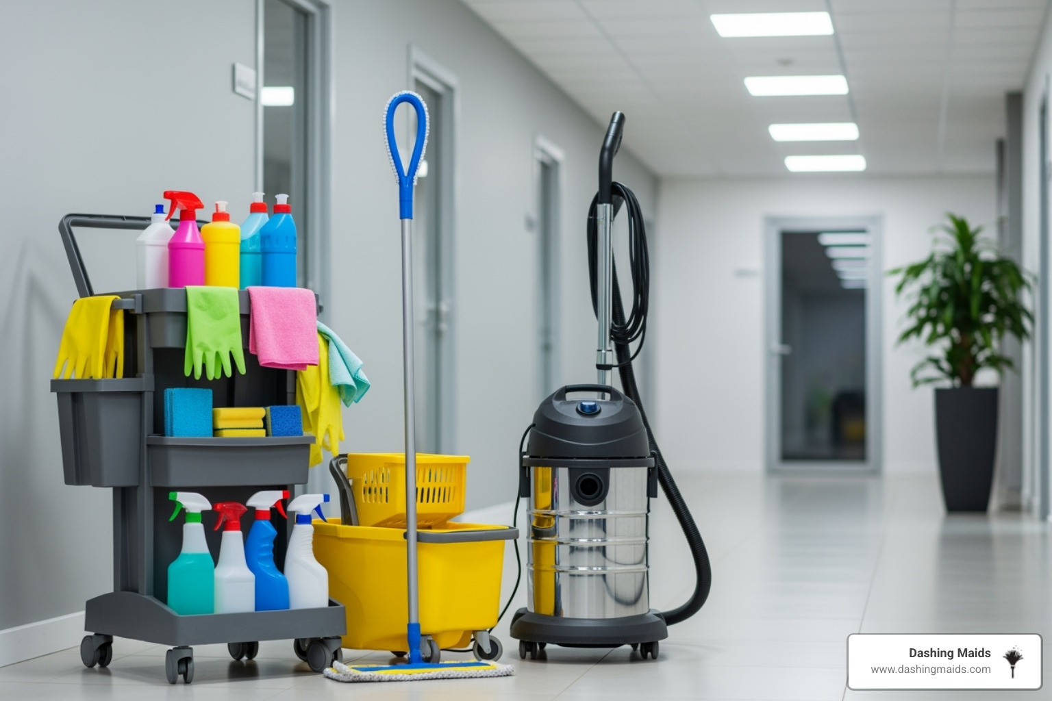 Cleaning equipment ready for use in a commercial setting - commercial/office cleaning company in denver co