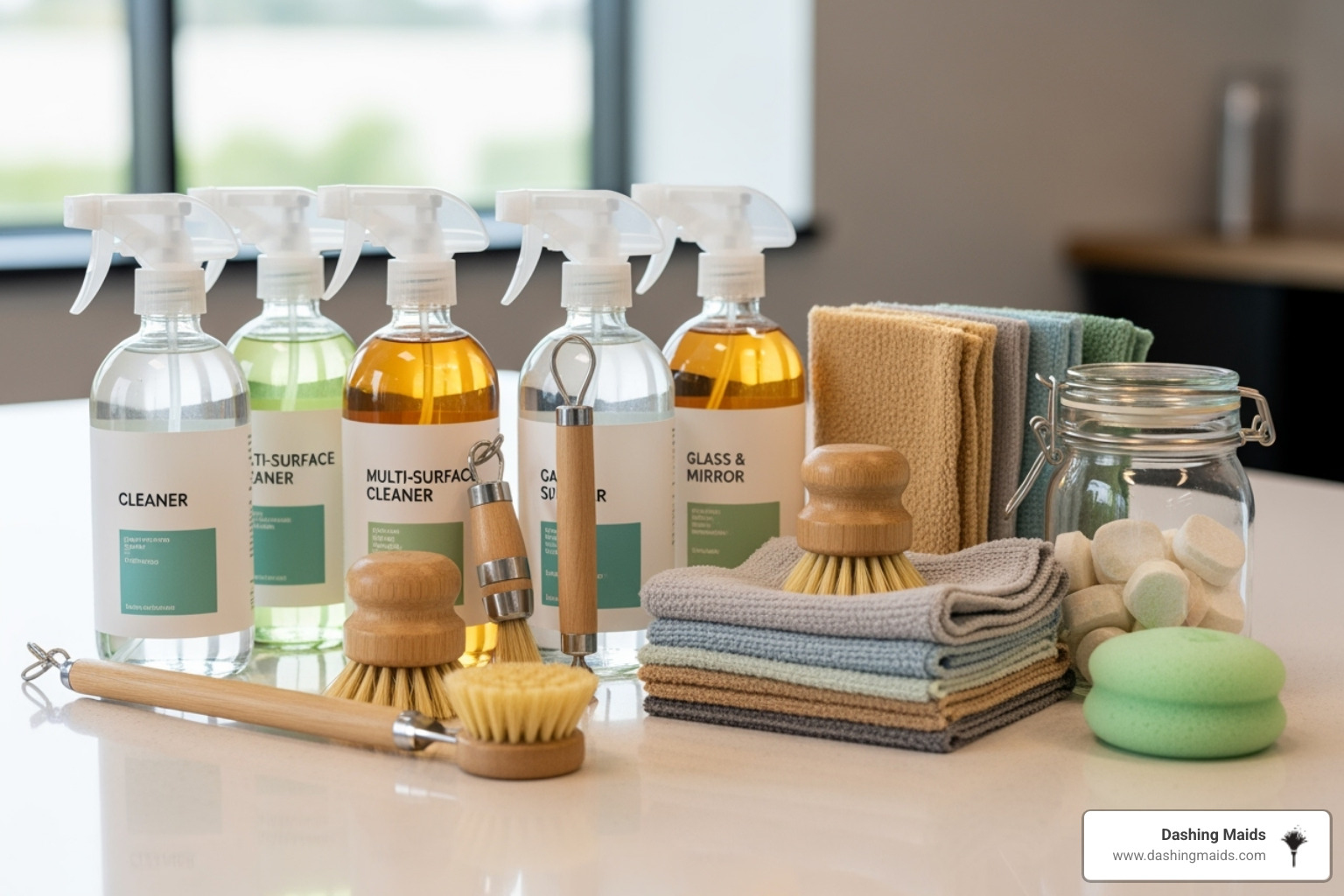 Eco-friendly cleaning products on a counter - commercial/office cleaning company in denver co