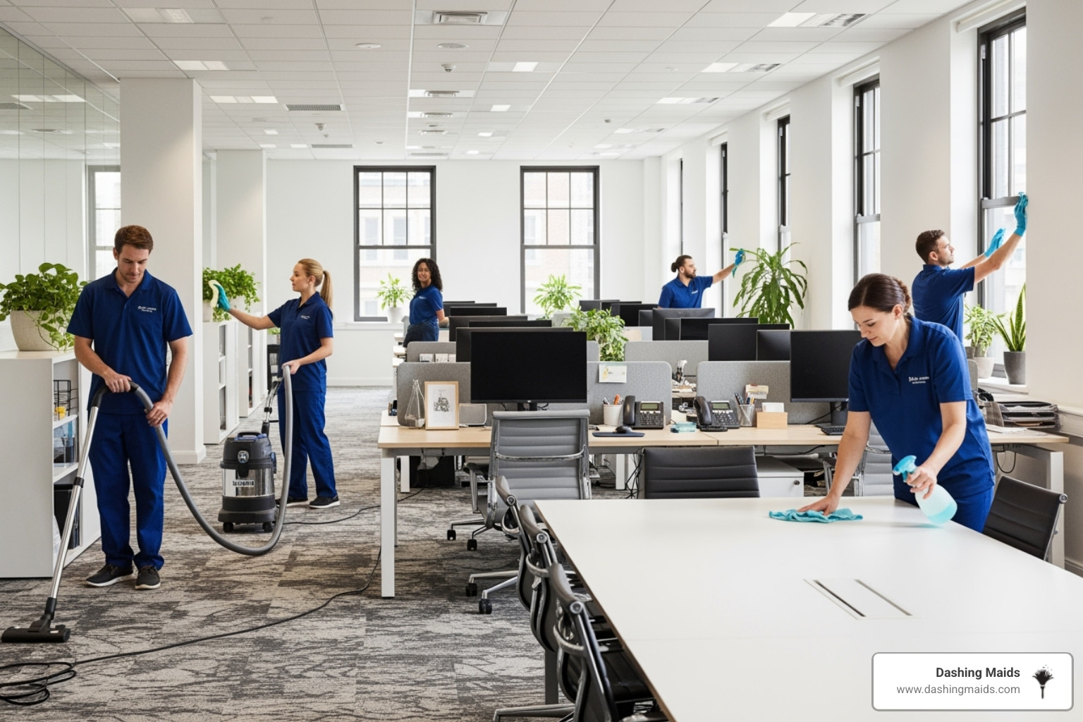 Team of cleaners working efficiently in an open-plan office - commercial/office cleaning company in denver co