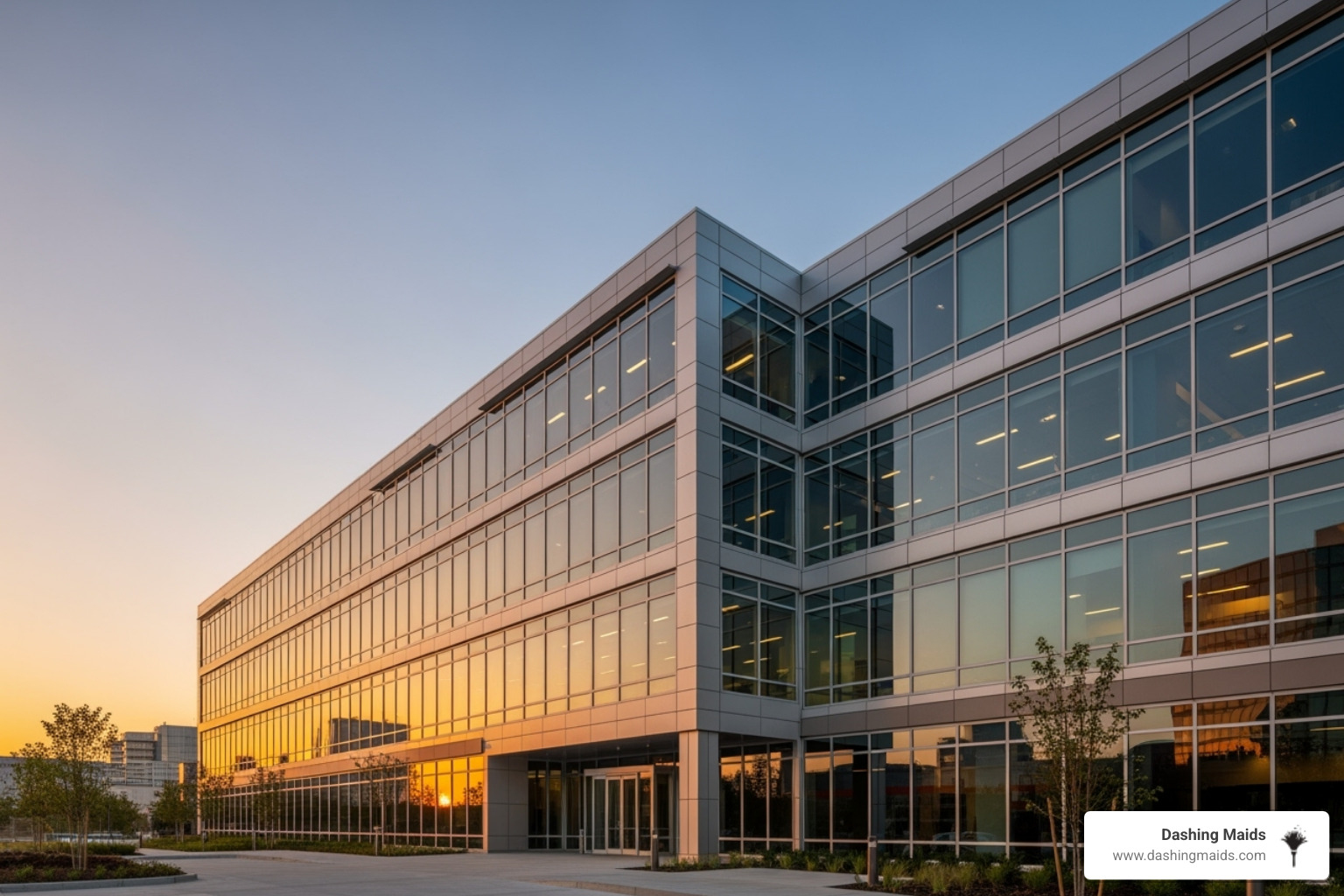 Office building exterior at sunset - commercial/office cleaning company in denver co