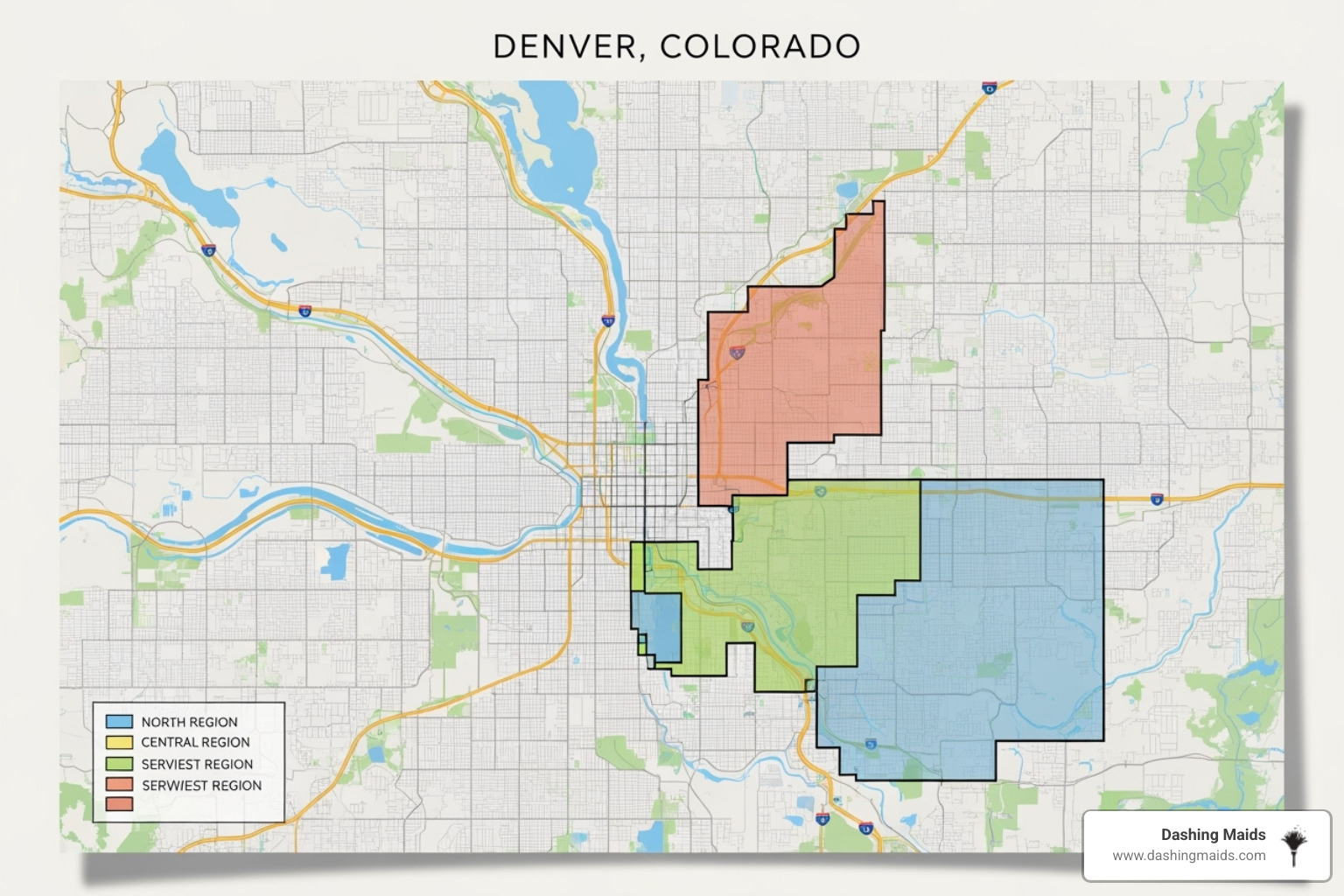 Denver CO map with service areas highlighted - commercial/office cleaning company in denver co
