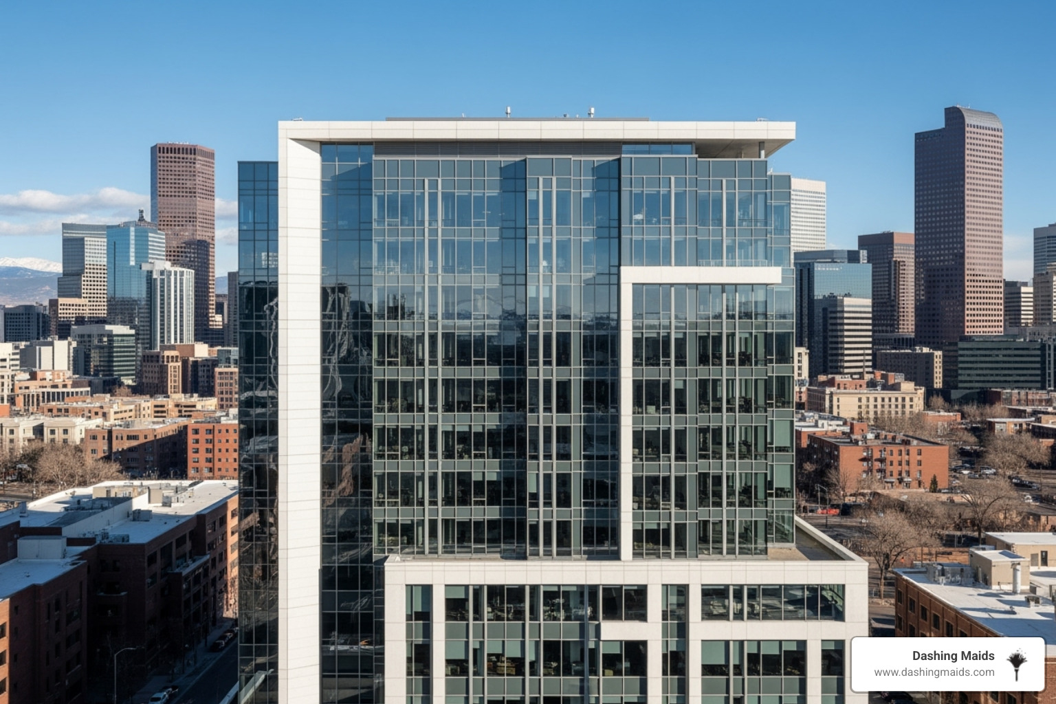 Denver skyline with a clean office building in the foreground - commercial/office cleaning company in denver co