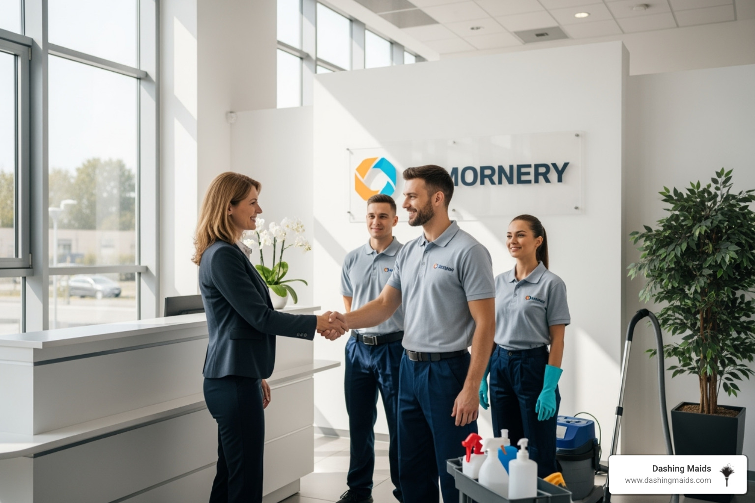 Happy client shaking hands with cleaning team - commercial/office cleaning company in denver co