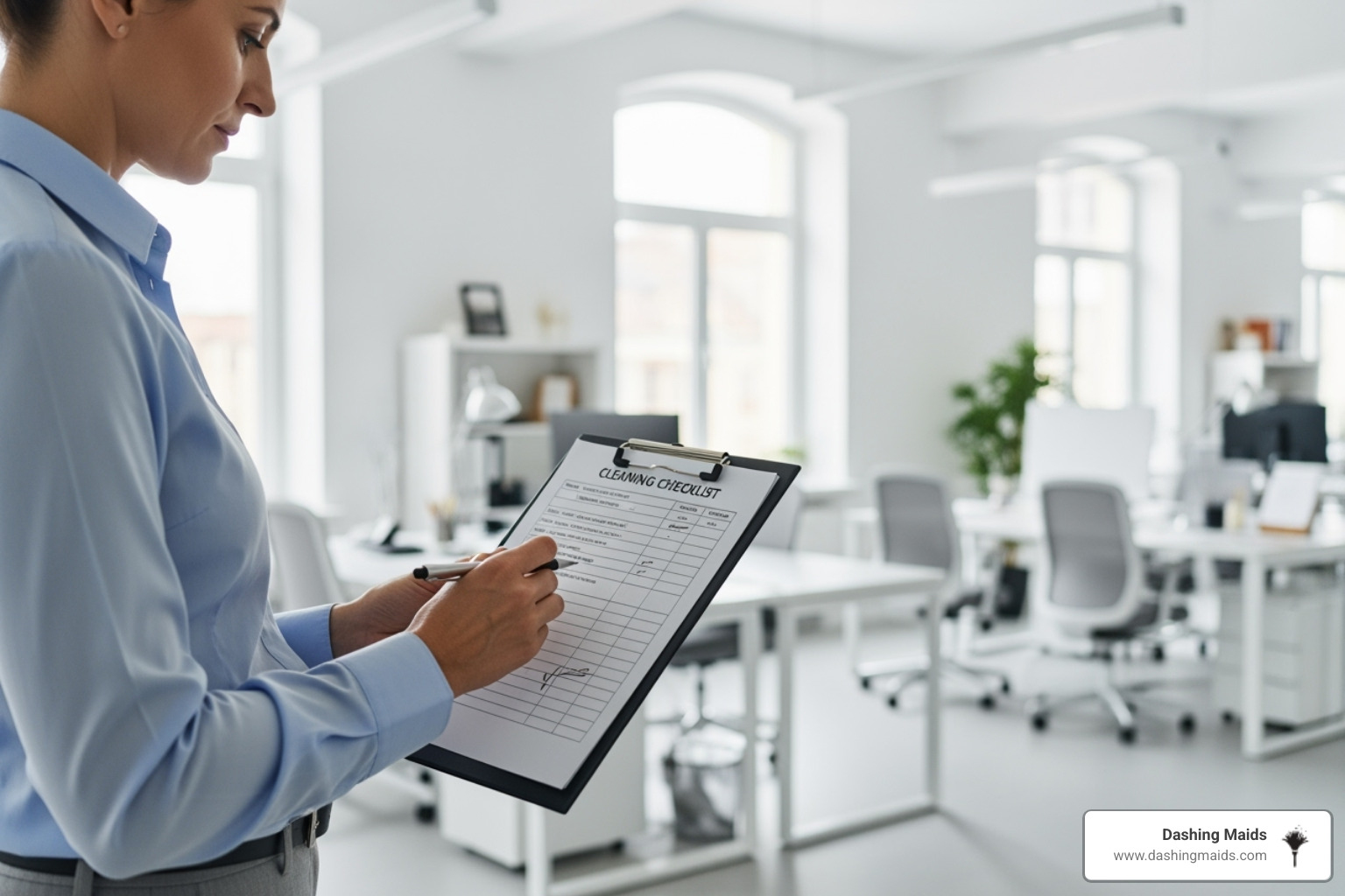 person carefully reviewing a cleaning checklist on a clipboard in an office - best commercial/office cleaning in golden co