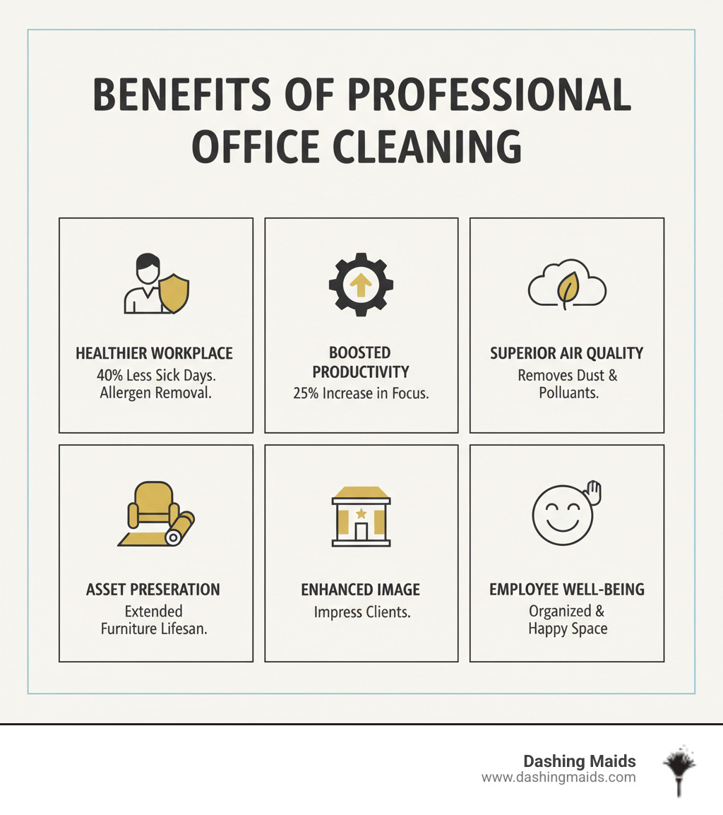 Infographic showing key benefits of professional office cleaning: 40% reduction in employee sick days, 25% increase in productivity, improved air quality through allergen removal, extended lifespan of office furniture and carpets, enhanced professional image for client visits, and boosted employee morale through a clean and organized workspace - best commercial/office cleaning in golden co infographic 