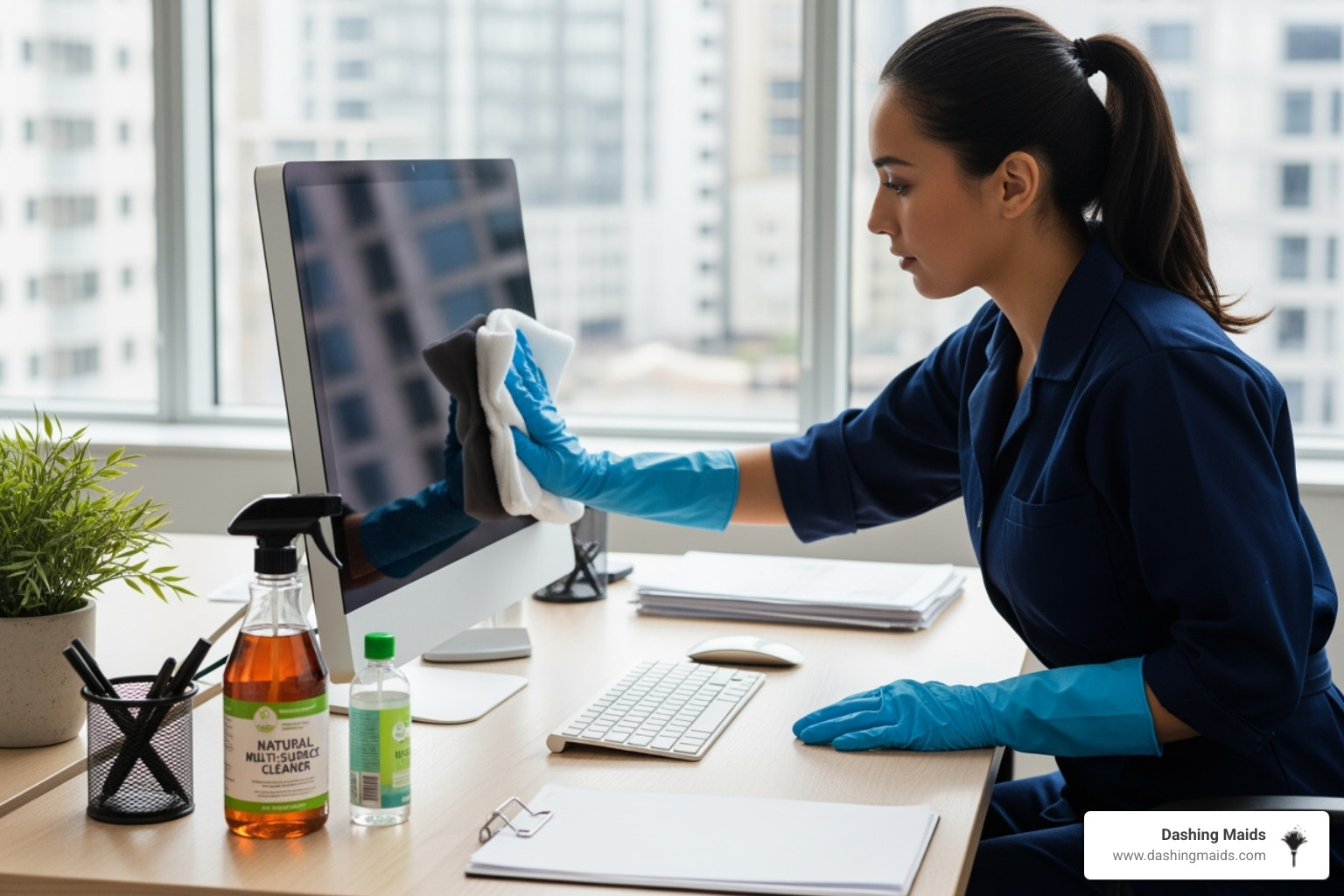 cleaning professional using eco-friendly products on an office desk - best commercial/office cleaning in golden co
