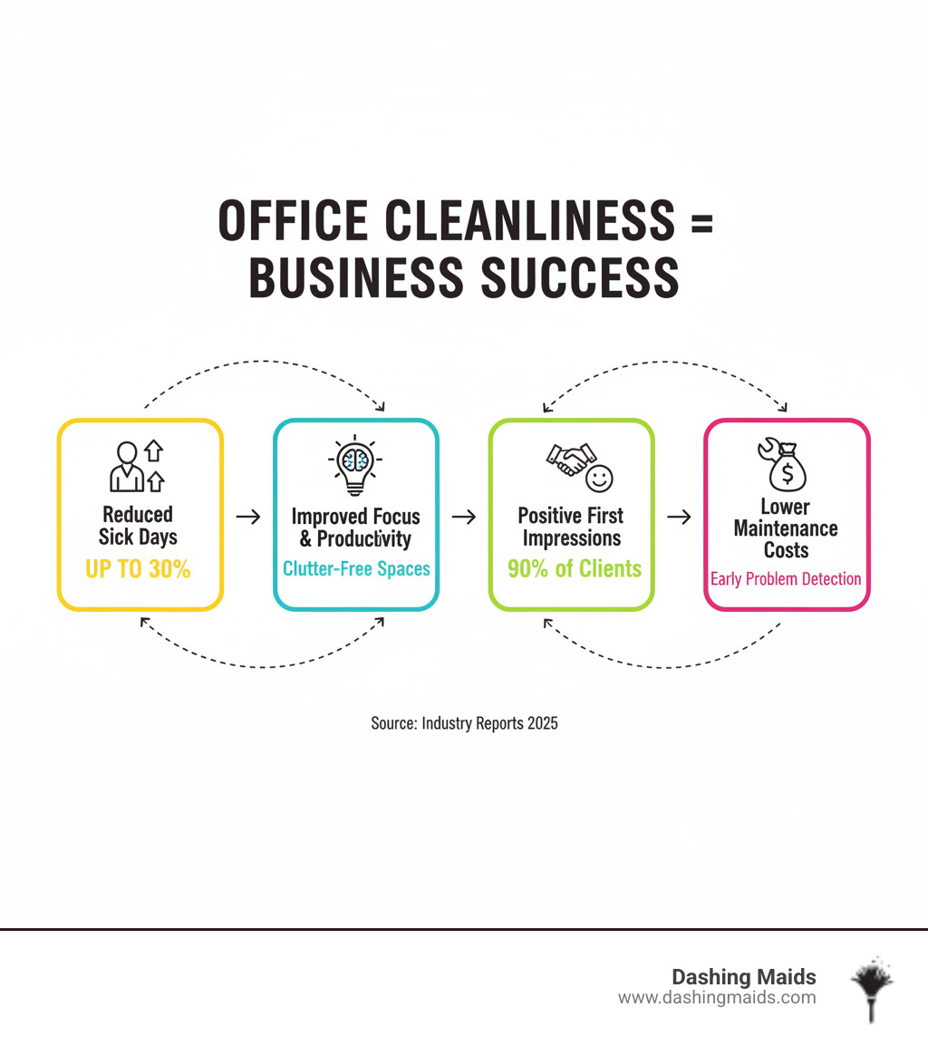 infographic showing the connection between office cleanliness and business success, including reduced employee sick days by up to 30%, improved focus and productivity in clutter-free spaces, positive first impressions for 90% of clients visiting clean offices, and lower maintenance costs through early problem detection - best commercial/office cleaning in littleton co infographic  infographic showing the connection between office cleanliness and business success, including reduced employee sick days by up to 30%, improved focus and productivity in clutter-free spaces, positive first impressions for 90% of clients visiting clean offices, and lower maintenance costs through early problem detection - best commercial/office cleaning in littleton co infographic