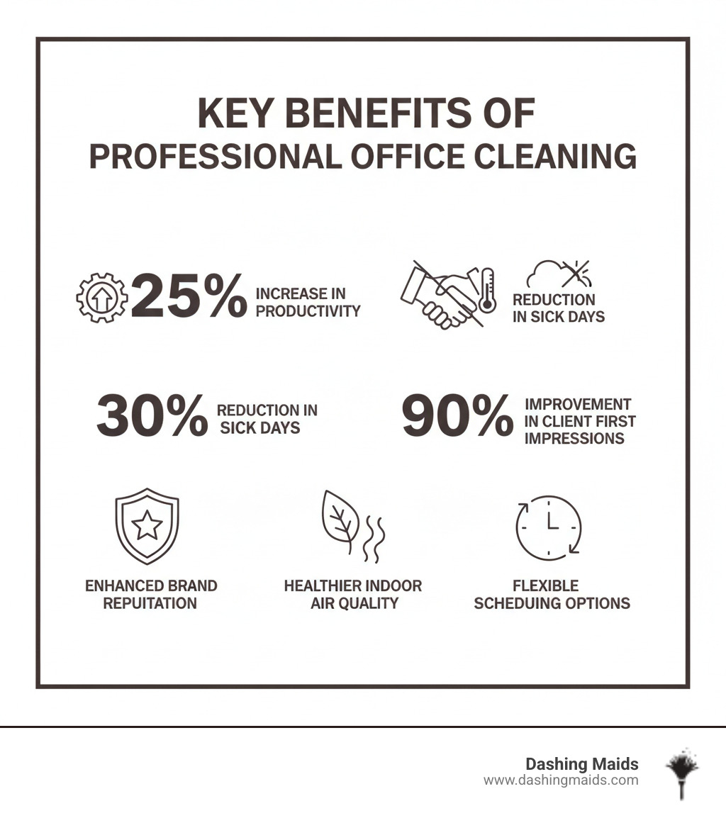 Infographic showing key benefits of professional office cleaning: 25% increase in employee productivity, 30% reduction in sick days, 90% improvement in client first impressions, enhanced brand reputation, healthier indoor air quality, and flexible scheduling options - best commercial/office cleaning in lakewood co infographic  Infographic showing key benefits of professional office cleaning: 25% increase in employee productivity, 30% reduction in sick days, 90% improvement in client first impressions, enhanced brand reputation, healthier indoor air quality, and flexible scheduling options - best commercial/office cleaning in lakewood co infographic