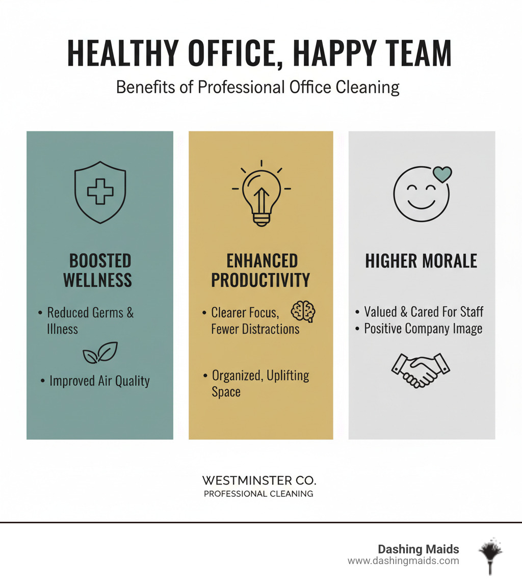 infographic explaining the key benefits of a professionally cleaned office for employee health and morale - best commercial/office cleaning in westminster co infographic  infographic explaining the key benefits of a professionally cleaned office for employee health and morale - best commercial/office cleaning in westminster co infographic