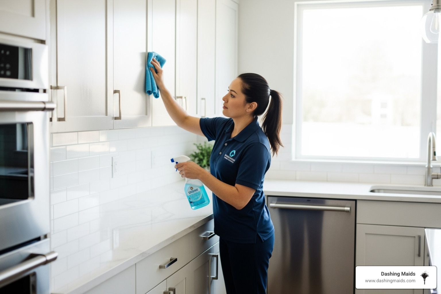 A professional cleaner meticulously wiping down cabinet fronts in a modern kitchen. - deluxe deep cleaning service in broomfield co A professional cleaner meticulously wiping down cabinet fronts in a modern kitchen. - deluxe deep cleaning service in broomfield co