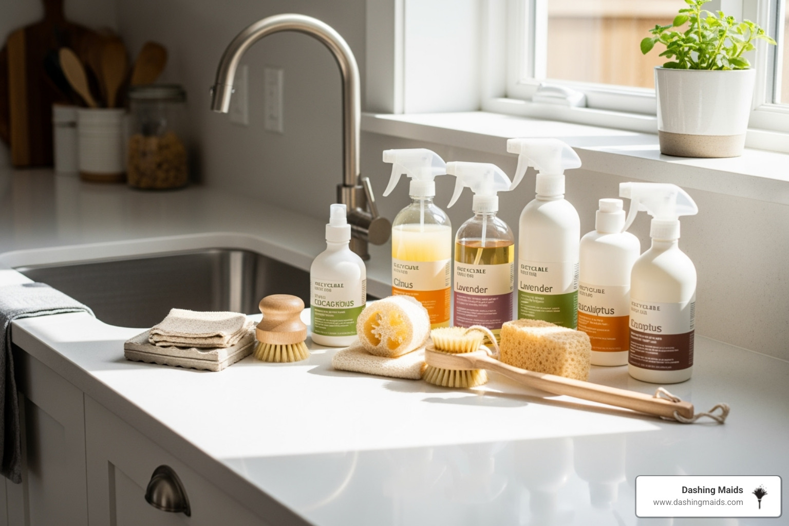 Eco-friendly cleaning products neatly arranged on a pristine kitchen countertop. - deluxe deep cleaning service in broomfield co Eco-friendly cleaning products neatly arranged on a pristine kitchen countertop. - deluxe deep cleaning service in broomfield co