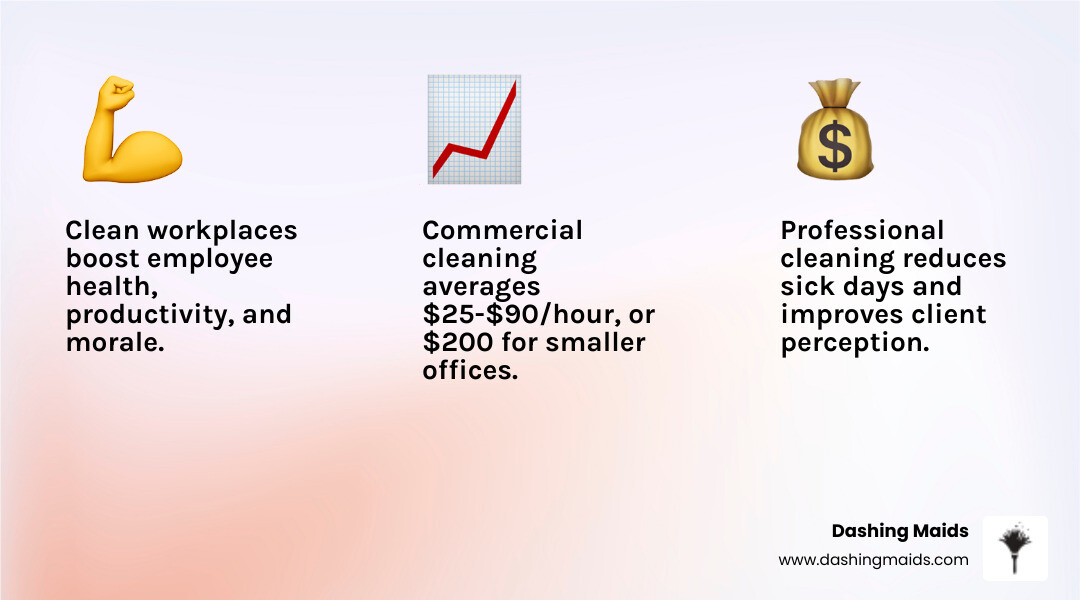 infographic showing the connection between clean office environments and improved employee productivity, reduced sick days, better indoor air quality, and positive client impressions, with statistics on commercial cleaning costs and key selection factors for Wheat Ridge businesses - best commercial/office cleaning in wheat ridge co infographic 3_facts_emoji_light-gradient