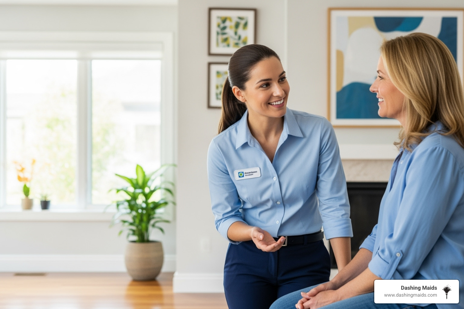 Friendly cleaning professional answering a homeowner's question - best deluxe deep cleaning in denver co Friendly cleaning professional answering a homeowner's question - best deluxe deep cleaning in denver co