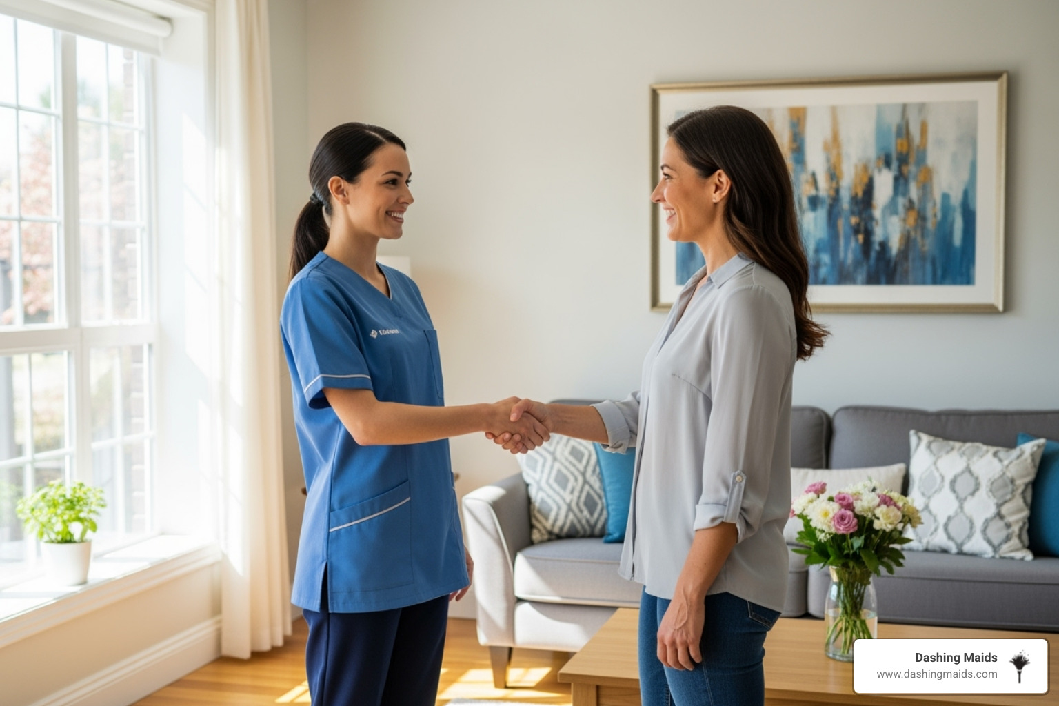 A friendly cleaning professional, dressed in a neat uniform, shaking hands with a smiling homeowner in a bright, clean home, symbolizing trust and excellent service - best deluxe deep cleaning in golden co