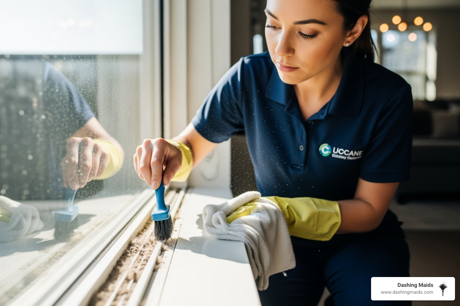 A cleaning professional in uniform carefully cleaning the intricate details of a window track with a small brush and cloth, demonstrating meticulous attention to detail - best deluxe deep cleaning in golden co