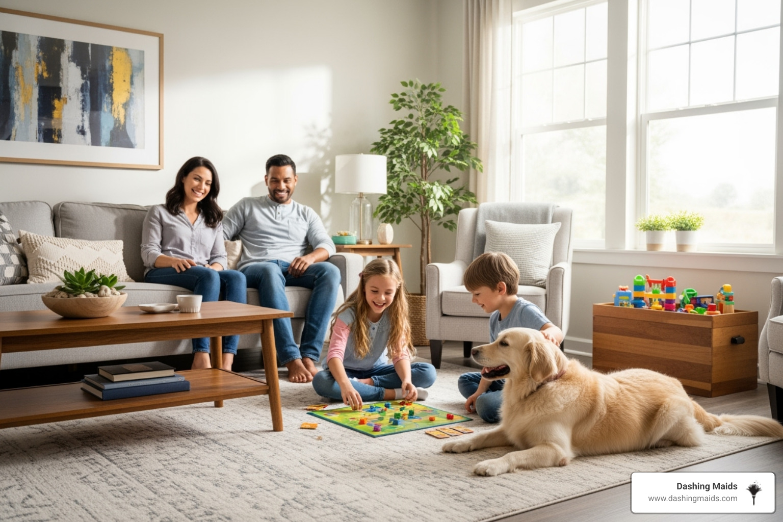 A happy family, including parents, children, and a pet dog, relaxing and playing in a brightly lit, clean, and organized living room, embodying comfort and well-being - best deluxe deep cleaning in golden co