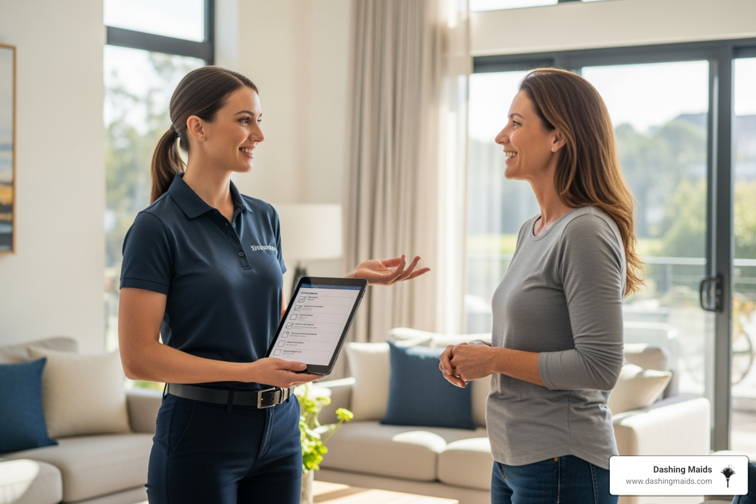 friendly cleaning professional discussing checklist with homeowner - best deluxe deep cleaning in littleton co friendly cleaning professional discussing checklist with homeowner - best deluxe deep cleaning in littleton co