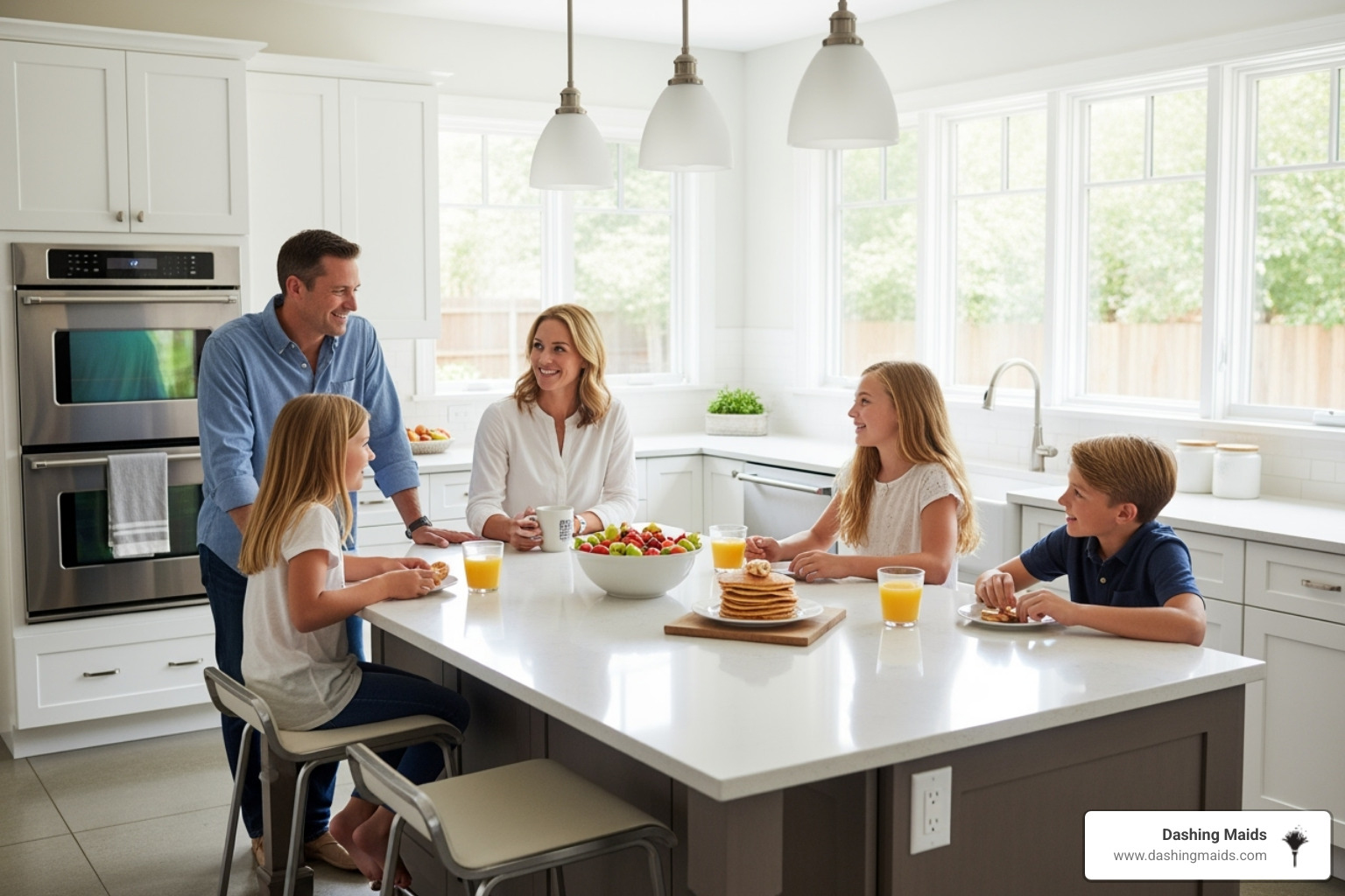 family relaxing in pristine kitchen - best deluxe deep cleaning in littleton co family relaxing in pristine kitchen - best deluxe deep cleaning in littleton co