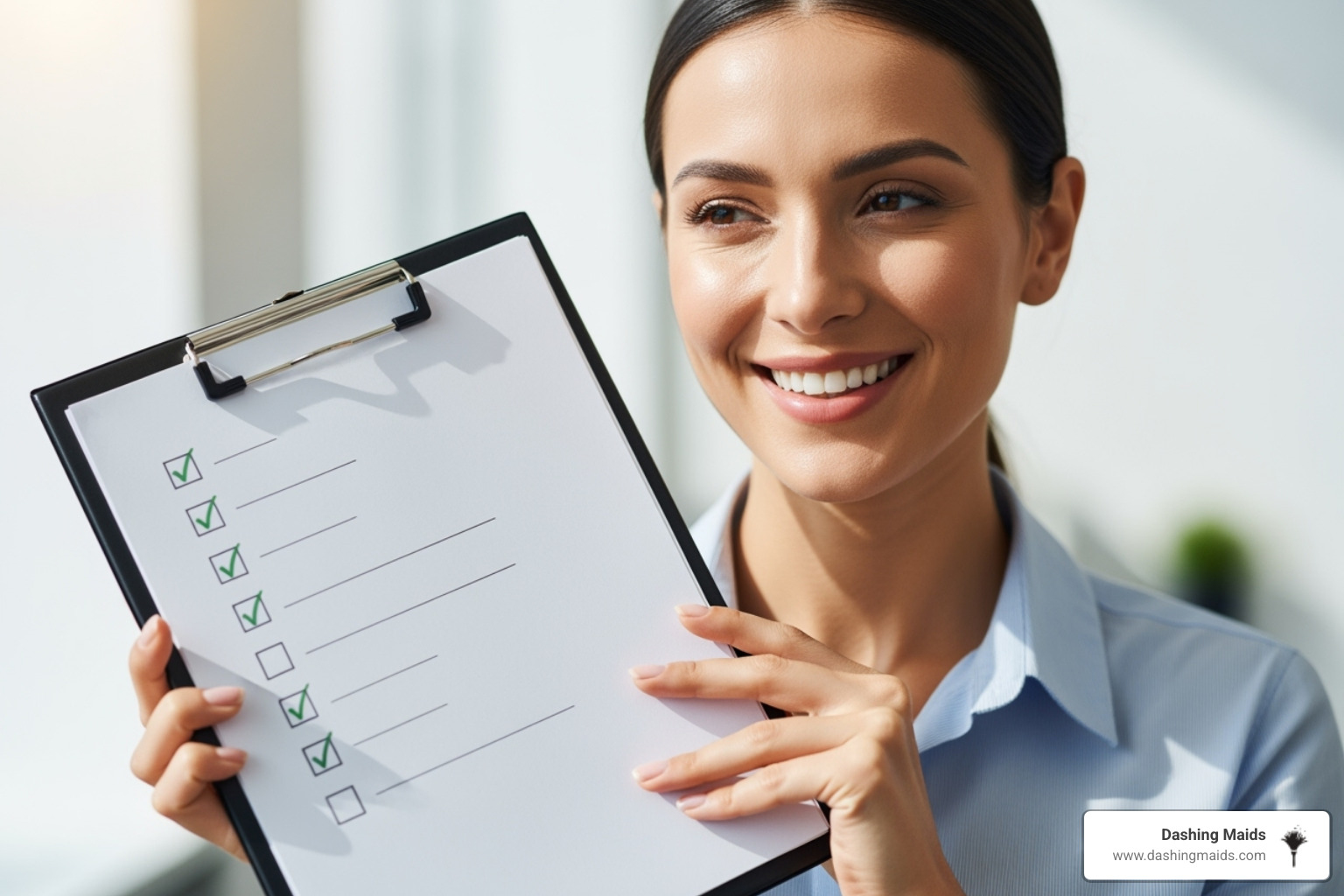 A person smiling and holding a checklist on a clipboard - best deluxe deep cleaning in westminster co