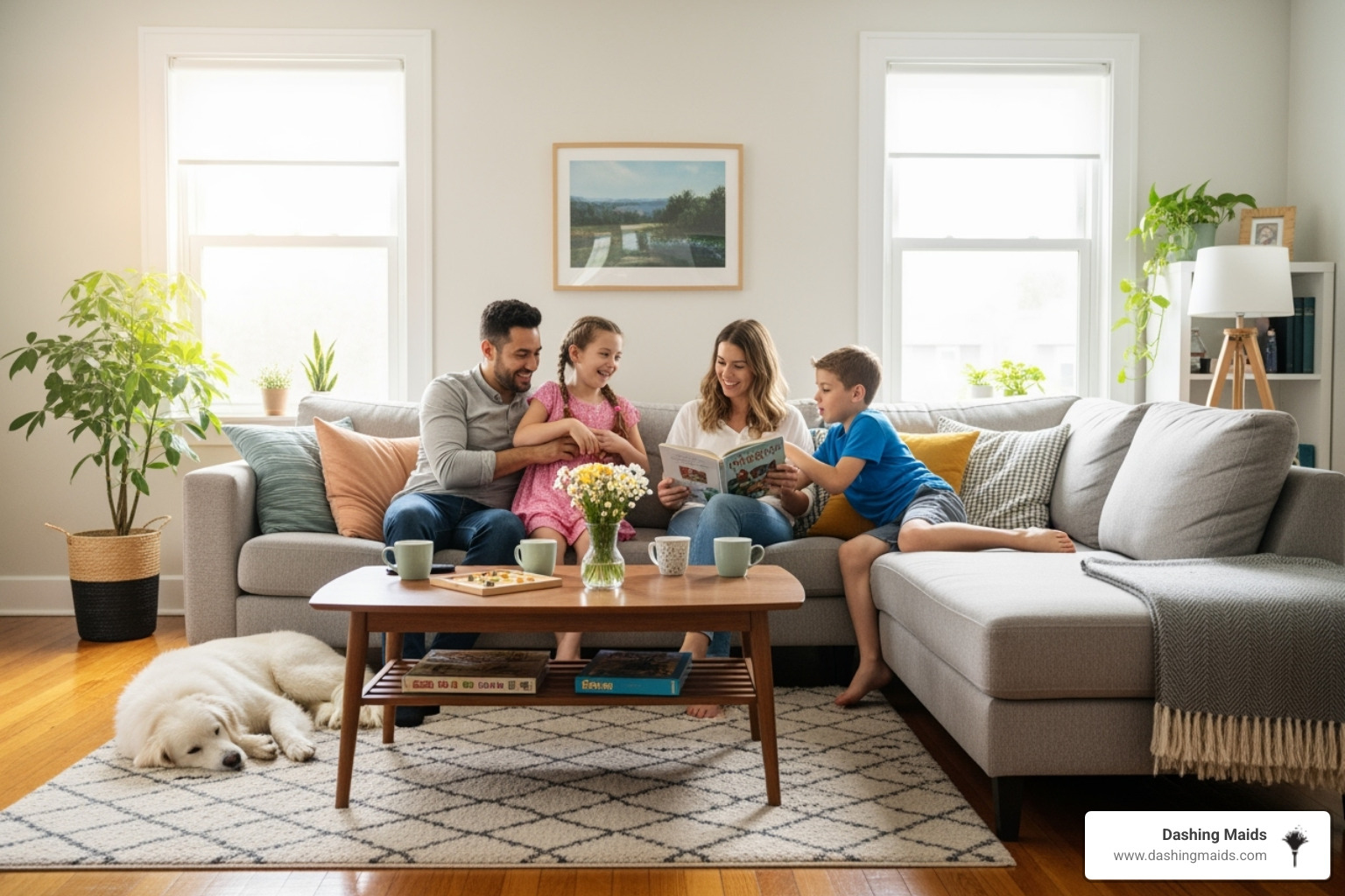 A happy family relaxing on a sofa in a clean, bright living room - best deluxe deep cleaning in westminster co