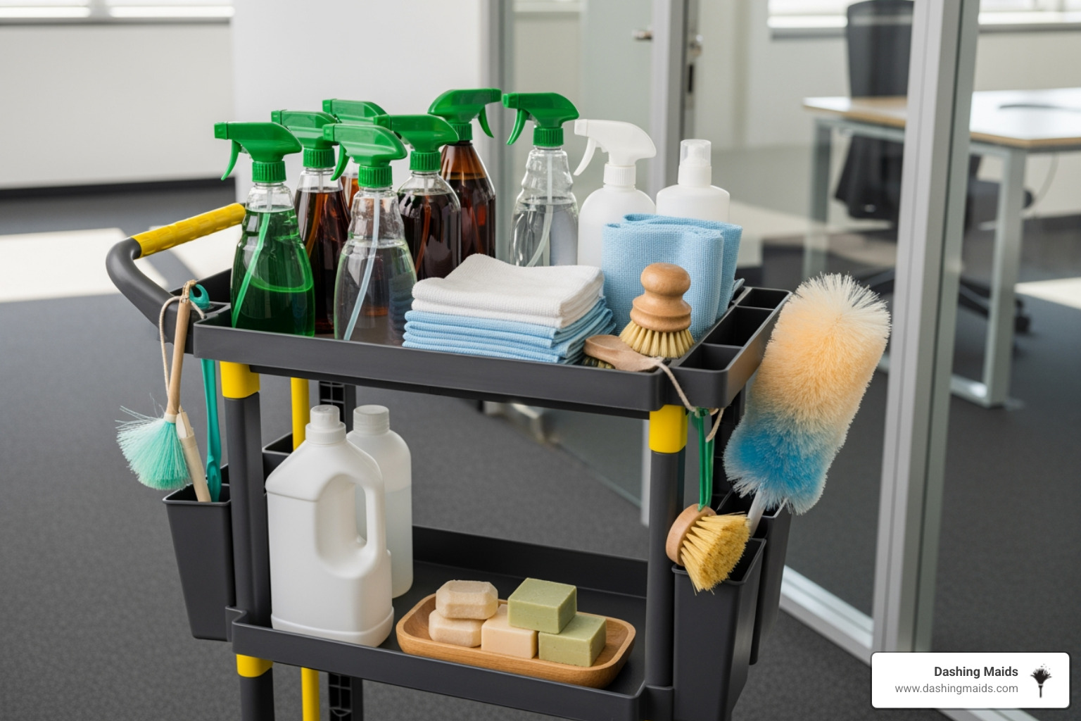 plant-based, eco-friendly cleaning products on a cart - What are the best commercial office cleaning services in Arvada, CO?"