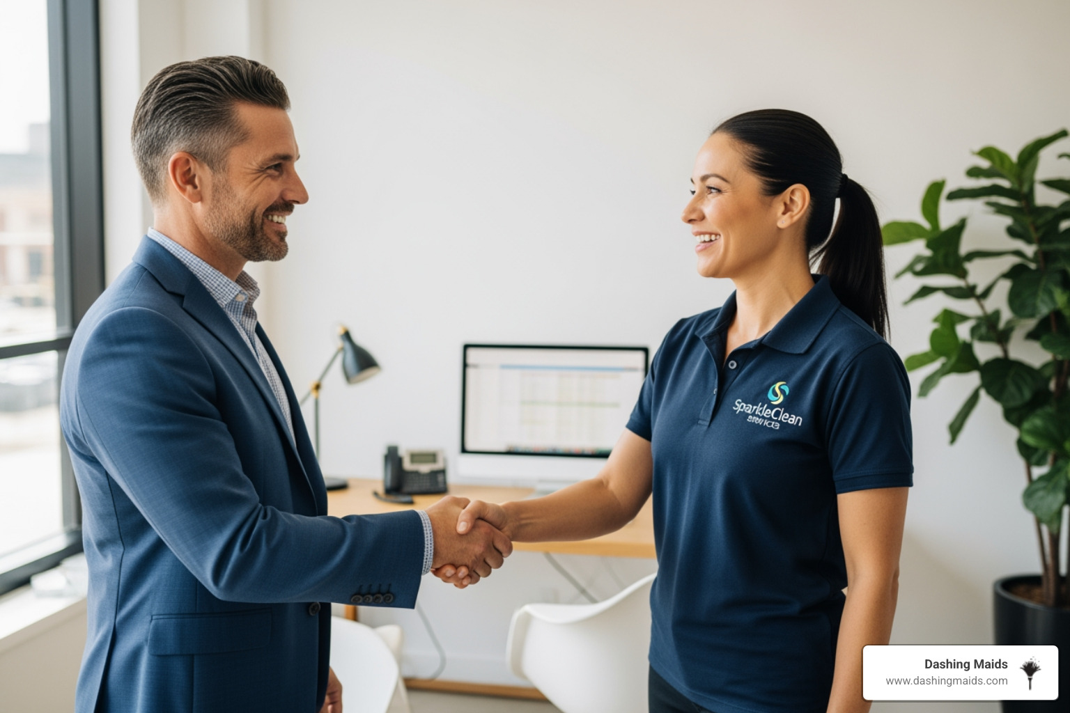 business owner smiling while shaking hands with a cleaning service manager - What are the best commercial office cleaning services in Arvada, CO?"
