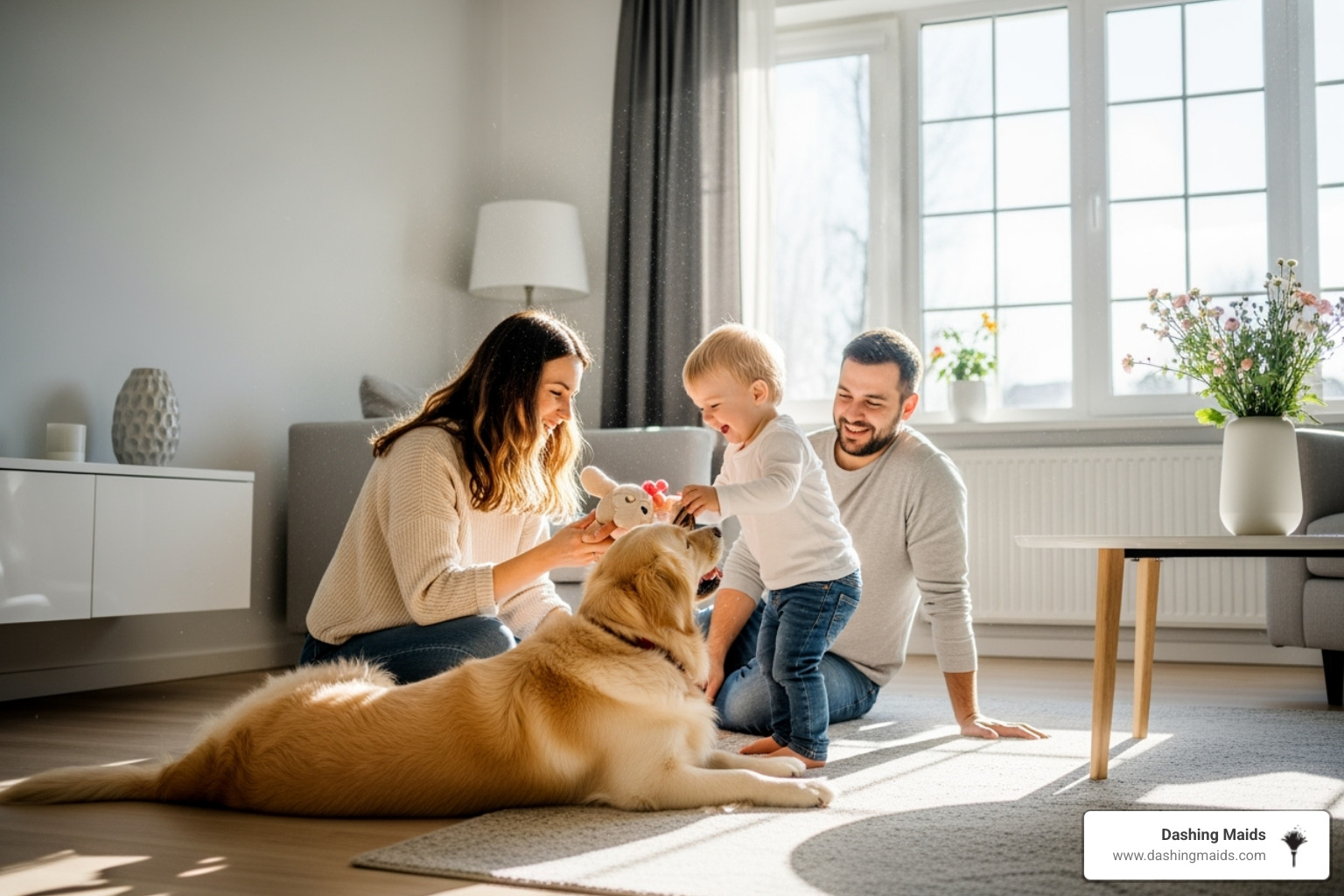 family with a pet playing on a clean floor - best eco friendly cleaning in lakewood co