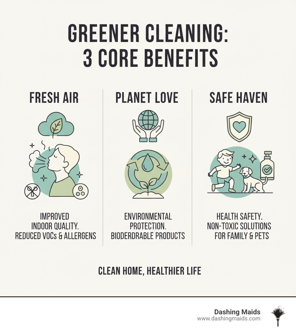 infographic showing three main benefits of eco-friendly cleaning: improved indoor air quality with reduced VOCs and allergens, environmental protection through biodegradable products and reduced chemical waste, and health safety for children and pets through non-toxic cleaning solutions - best eco friendly cleaning in lakewood co infographic 