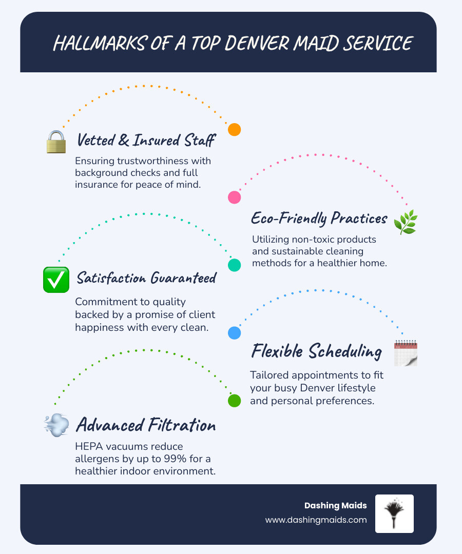 Infographic showing key criteria for top-rated Denver maid services including background checks, eco-friendly products, satisfaction guarantees, flexible scheduling, and HEPA filtration for allergen removal - List the top-rated maid services in Denver, CO. infographic infographic-line-5-steps-blues-accent_colors Infographic showing key criteria for top-rated Denver maid services including background checks, eco-friendly products, satisfaction guarantees, flexible scheduling, and HEPA filtration for allergen removal - List the top-rated maid services in Denver, CO. infographic infographic-line-5-steps-blues-accent_colors
