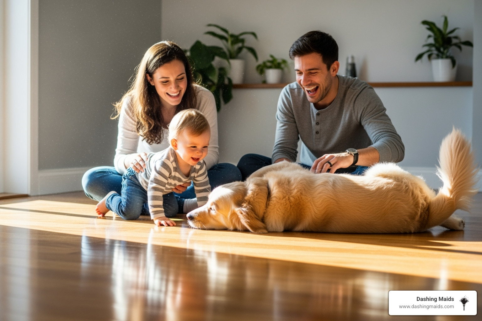 happy family with a dog playing on a sparkling clean floor - best eco friendly cleaning in arvada co