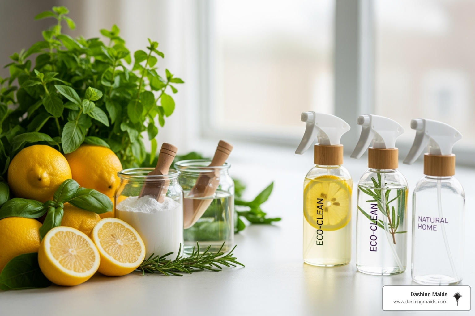 natural cleaning ingredients like lemons and plants alongside eco-friendly spray bottles - best eco friendly cleaning in arvada co
