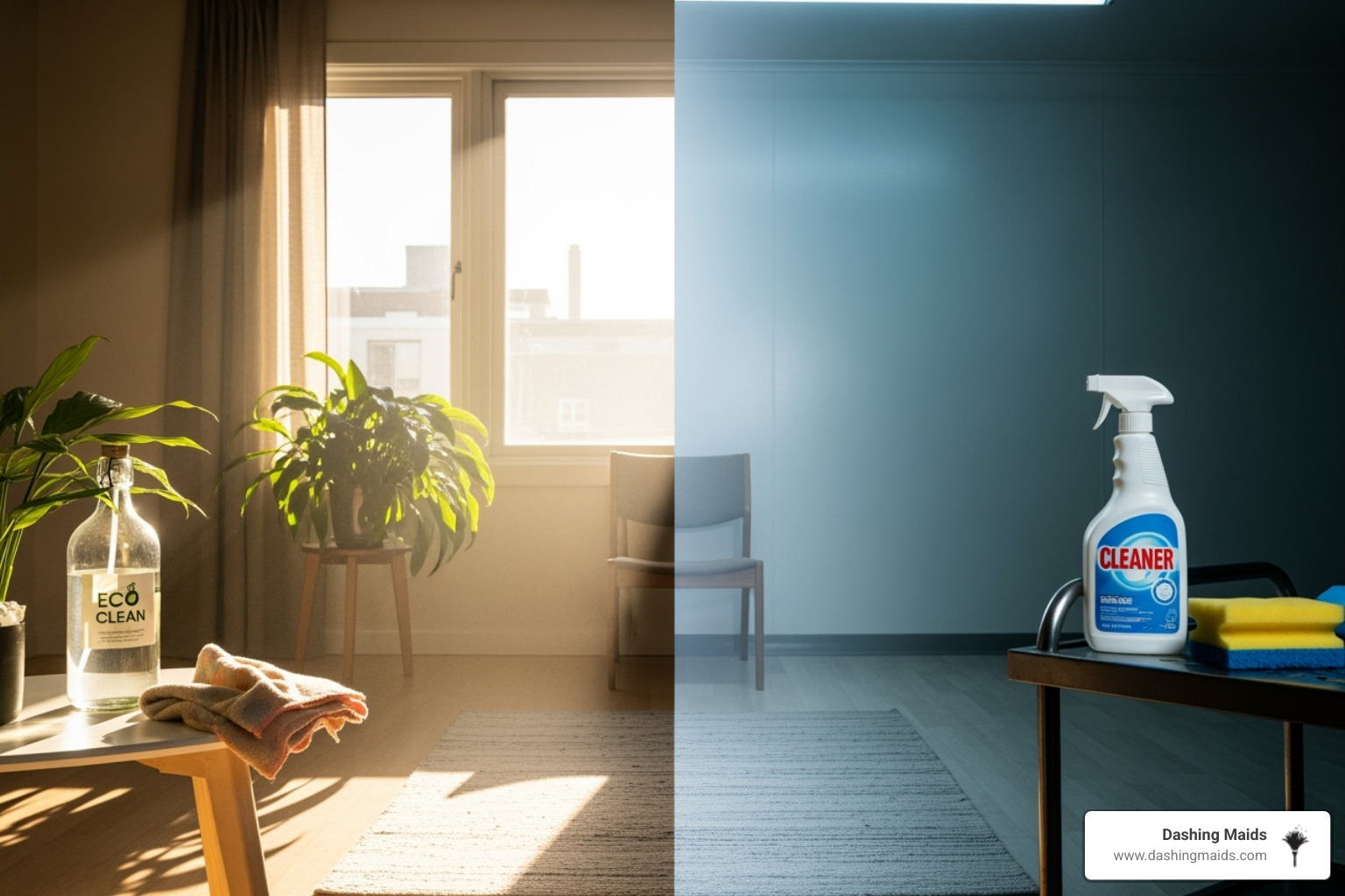 Image of two sides of a room, one cleaned with green products (bright, natural) and the other implied traditional (harsh glare) - best eco friendly cleaning in golden co Image of two sides of a room, one cleaned with green products (bright, natural) and the other implied traditional (harsh glare) - best eco friendly cleaning in golden co