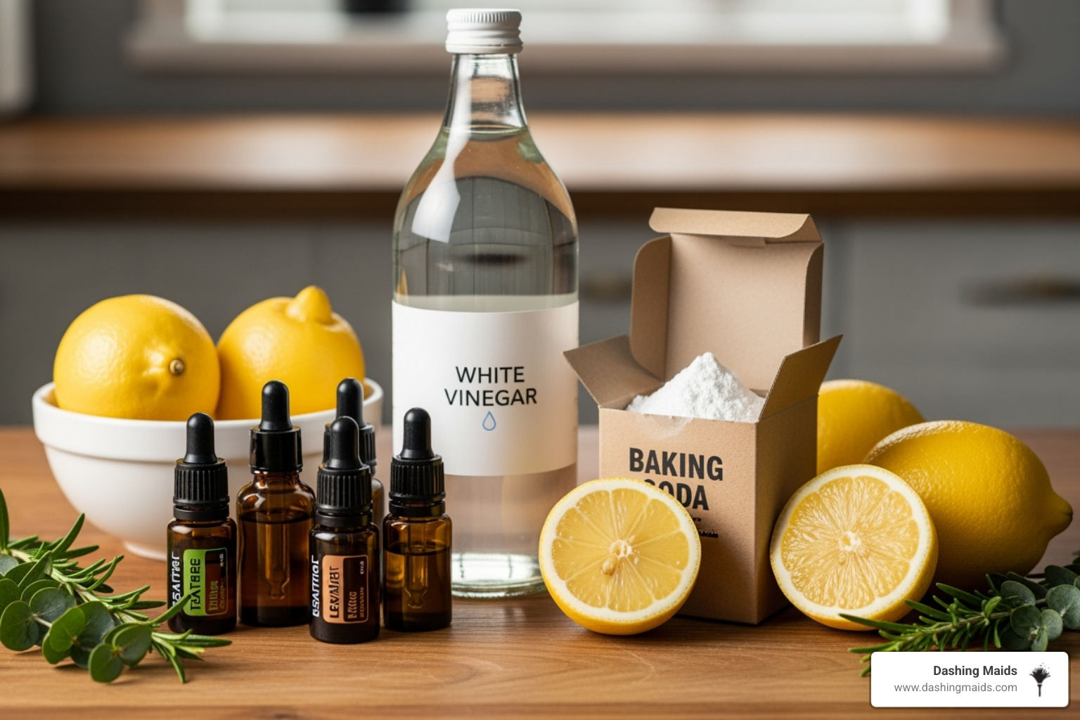 Image of natural cleaning agents like vinegar, baking soda, lemons, and essential oil bottles - best eco friendly cleaning in golden co Image of natural cleaning agents like vinegar, baking soda, lemons, and essential oil bottles - best eco friendly cleaning in golden co