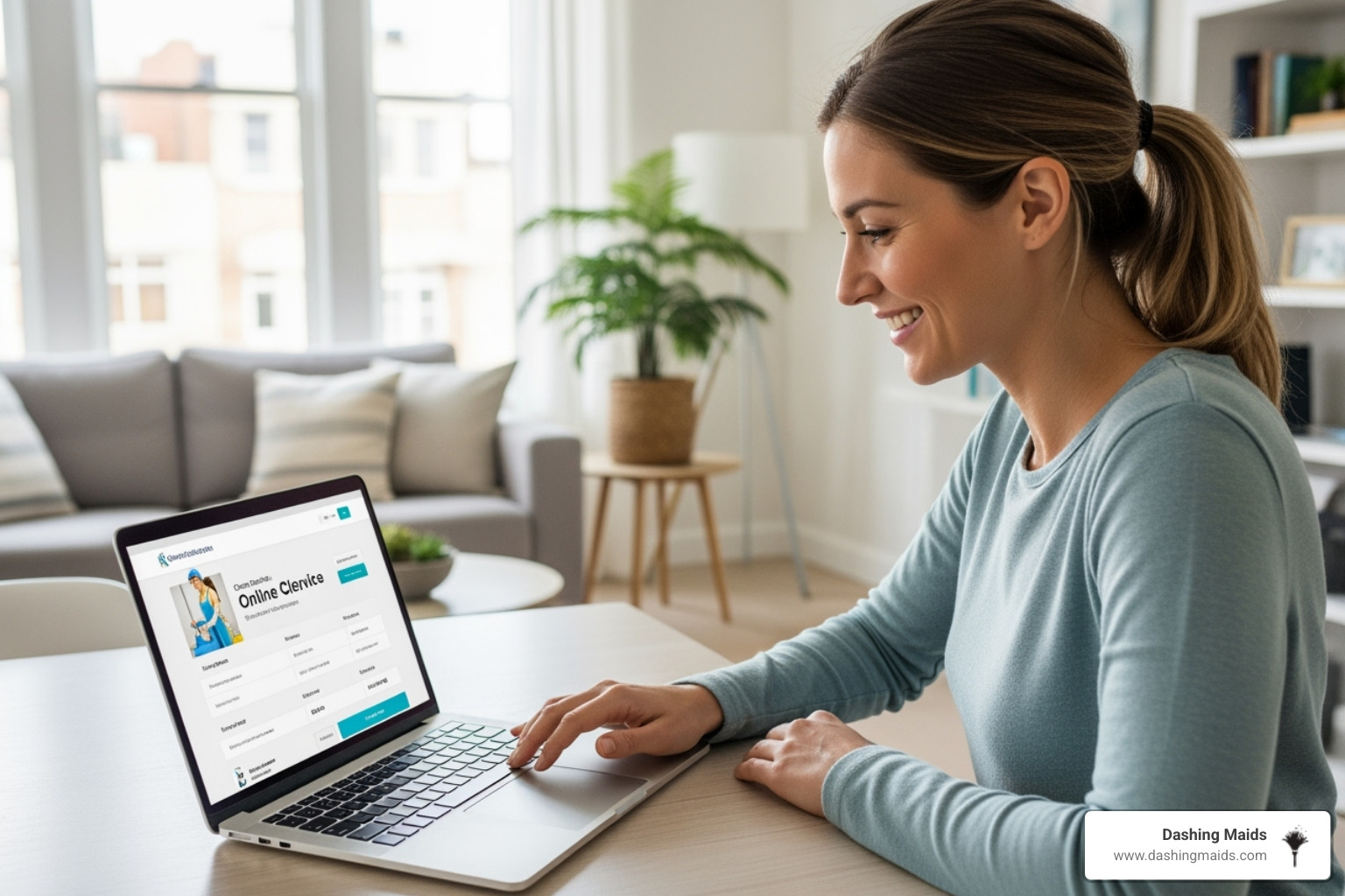 A person happily browsing on a laptop, smiling while booking a cleaning service online, with a clean and inviting home interior in the background - eco friendly cleaning service in littleton co