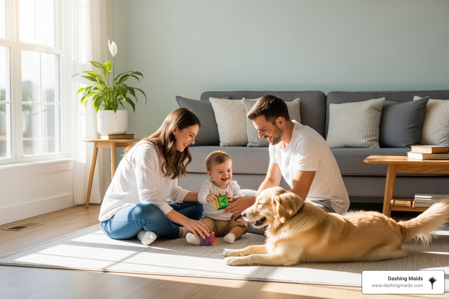 A happy family with a child and a dog playing on a clean, bright living room floor, bathed in natural light - eco friendly cleaning service in littleton co