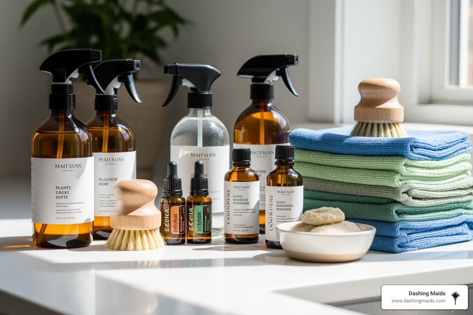 A collection of eco-friendly cleaning products, including plant-based sprays, essential oils, and reusable microfiber cloths, neatly arranged on a countertop - eco friendly cleaning service in littleton co