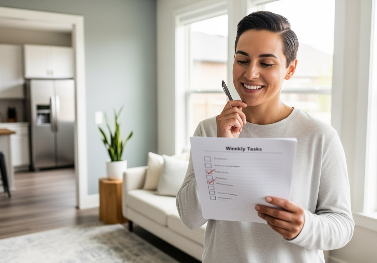 person smiling looking at checklist for hiring a cleaning service - best eco friendly cleaning in central park co