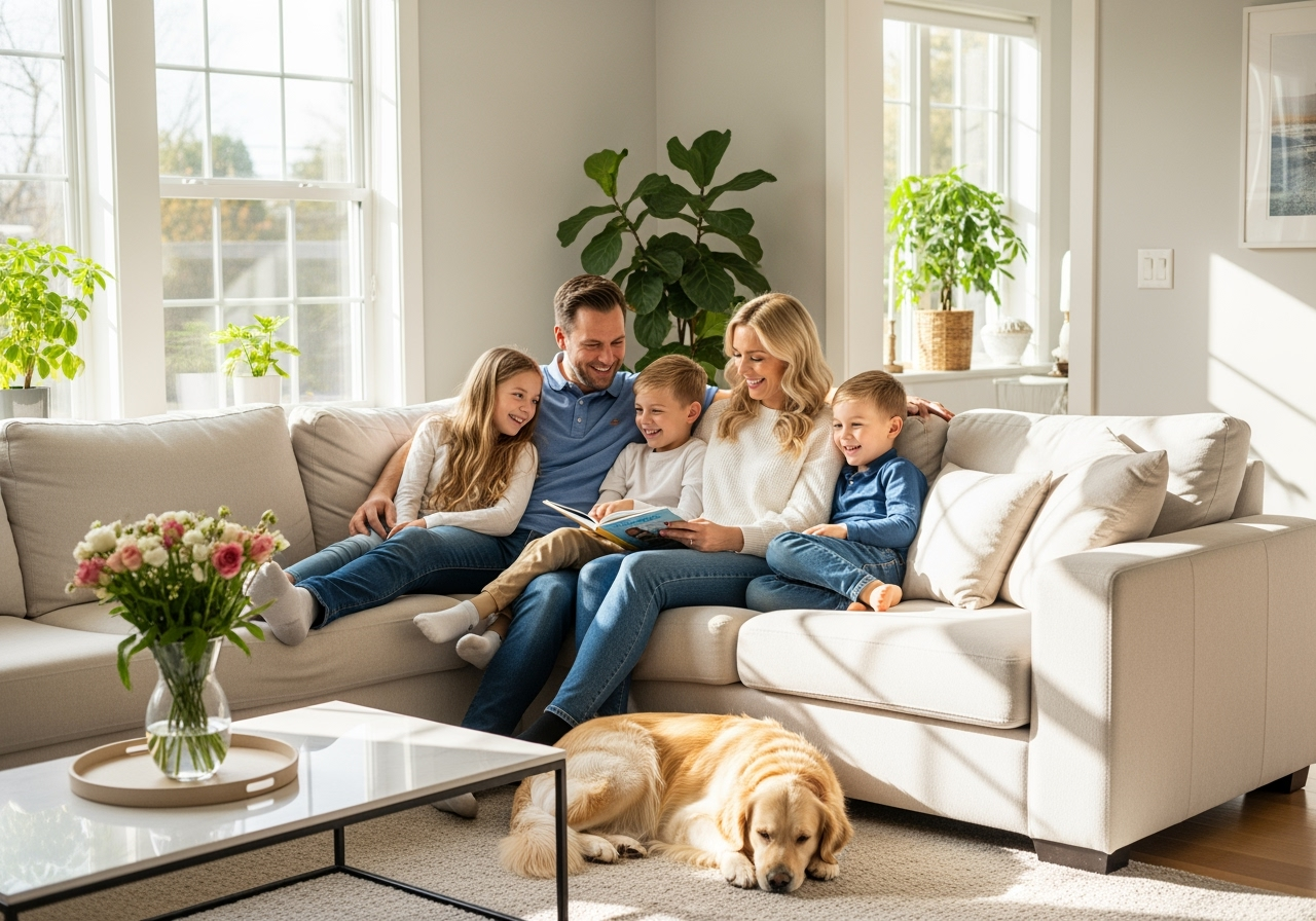 happy family with a dog relaxing in a spotless, sunlit living room - best eco friendly cleaning in central park co