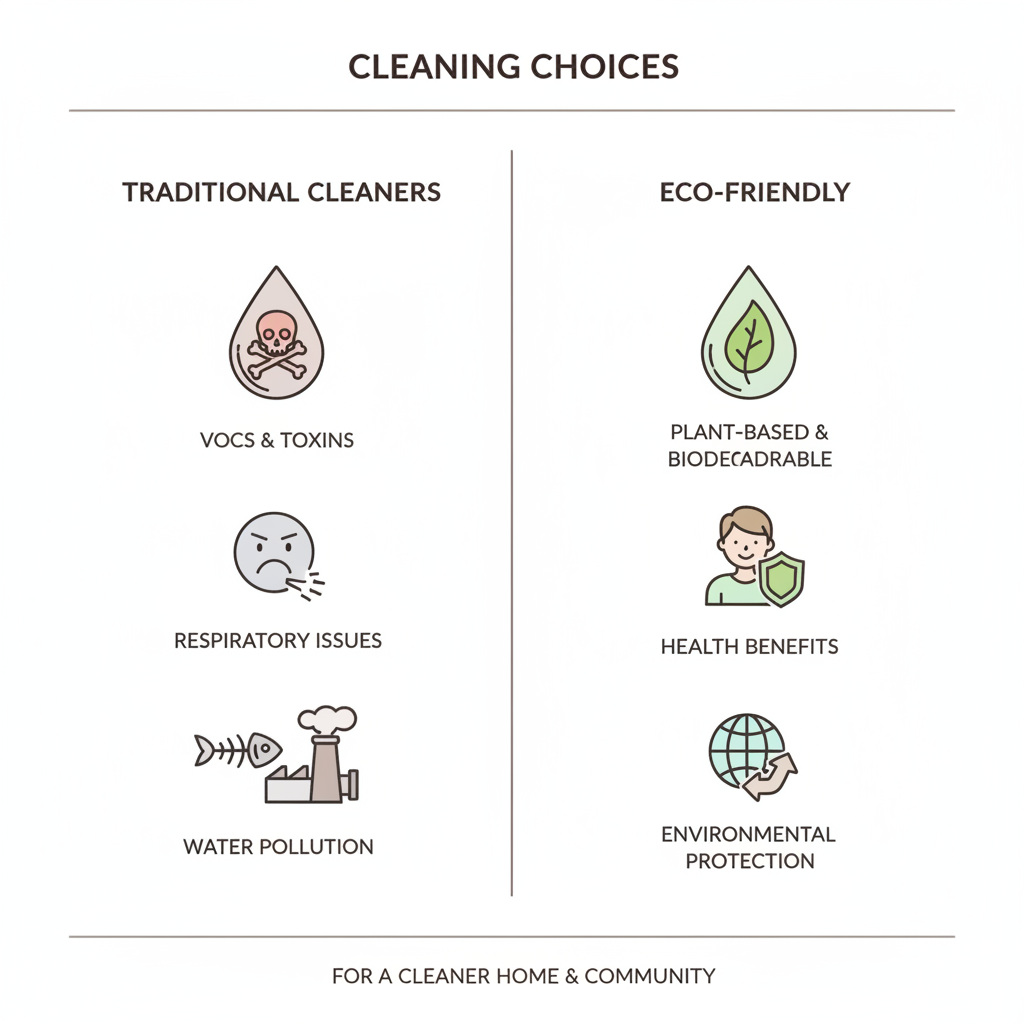 infographic showing comparison between traditional cleaning chemicals with VOCs and toxins versus eco-friendly plant-based biodegradable ingredients with icons for health benefits and environmental protection - best eco friendly cleaning in central park co infographic 