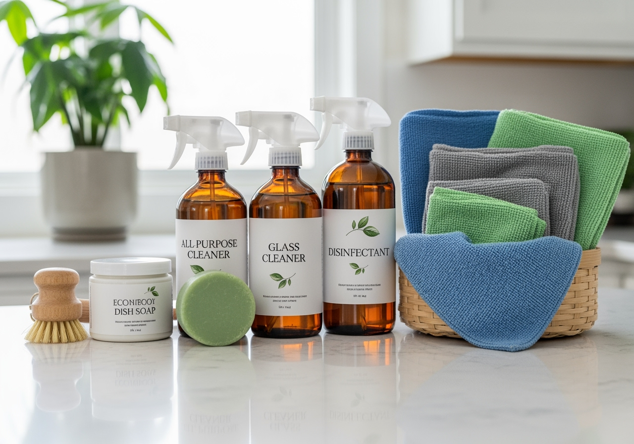 eco-friendly cleaning products and reusable microfiber cloths on a clean countertop - best eco friendly cleaning in central park co
