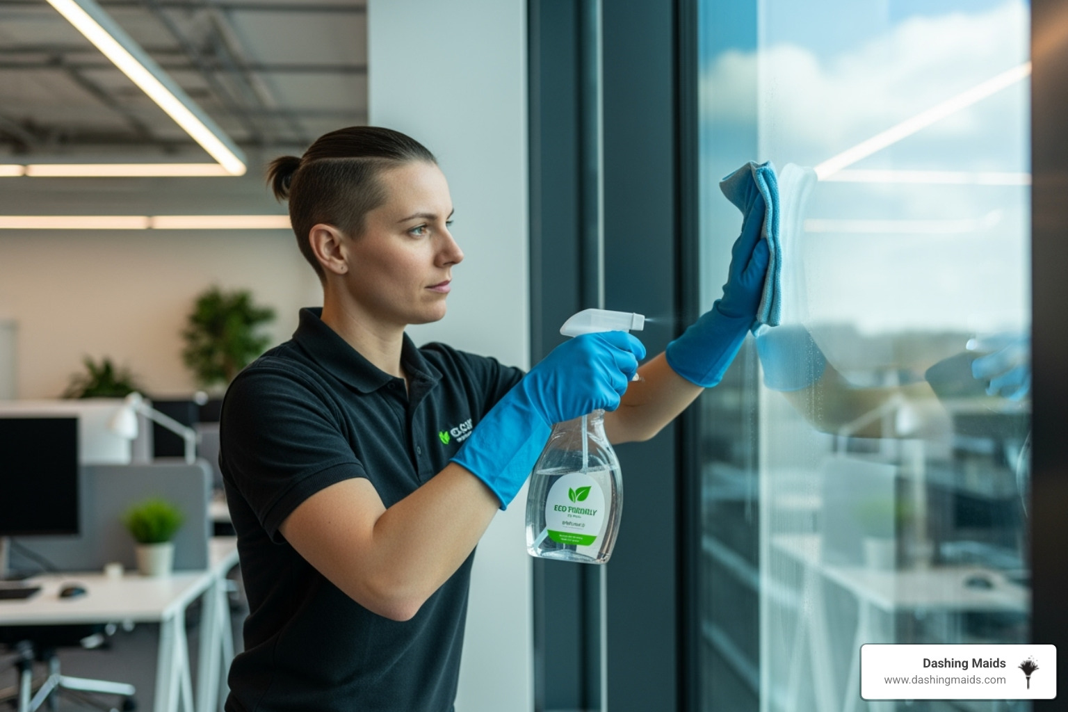cleaning professional using eco-friendly products on an office window - commercial/office cleaning service in broomfield co