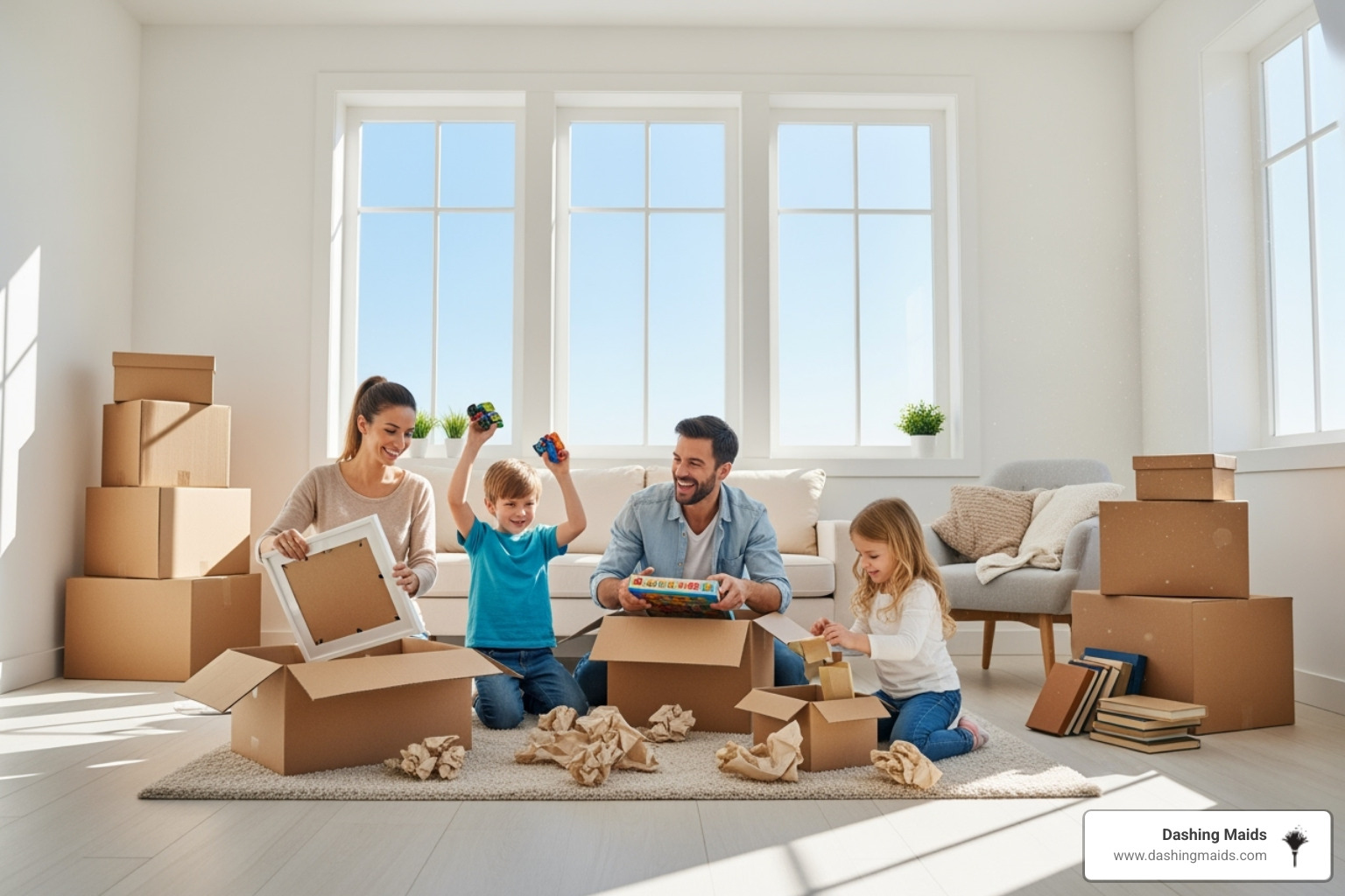 happy family unpacking boxes in a pristine, clean living room - move-in cleaning service in arvada co happy family unpacking boxes in a pristine, clean living room - move-in cleaning service in arvada co