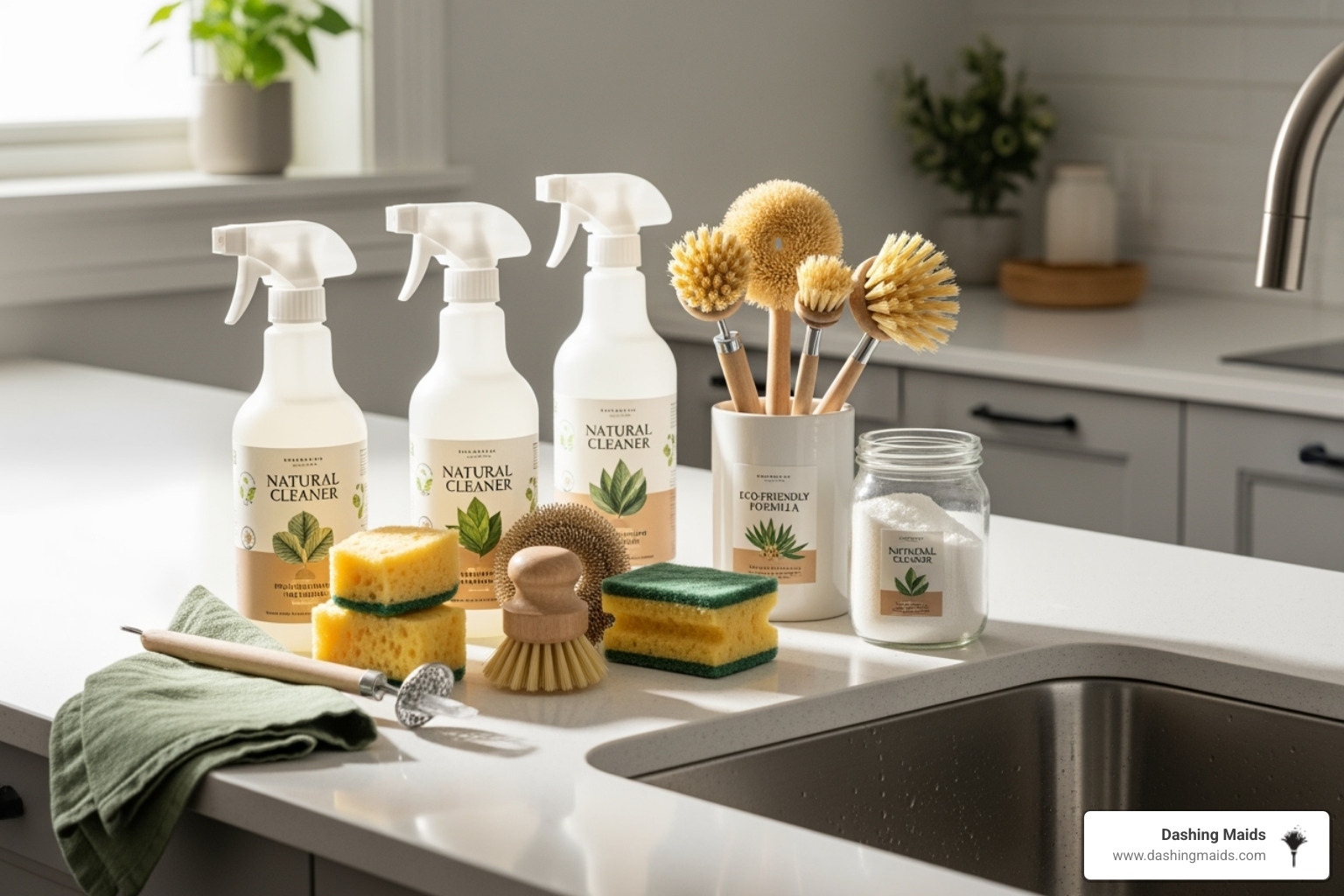 Eco-friendly cleaning products on a countertop - move-in cleaning service in broomfield co Eco-friendly cleaning products on a countertop - move-in cleaning service in broomfield co