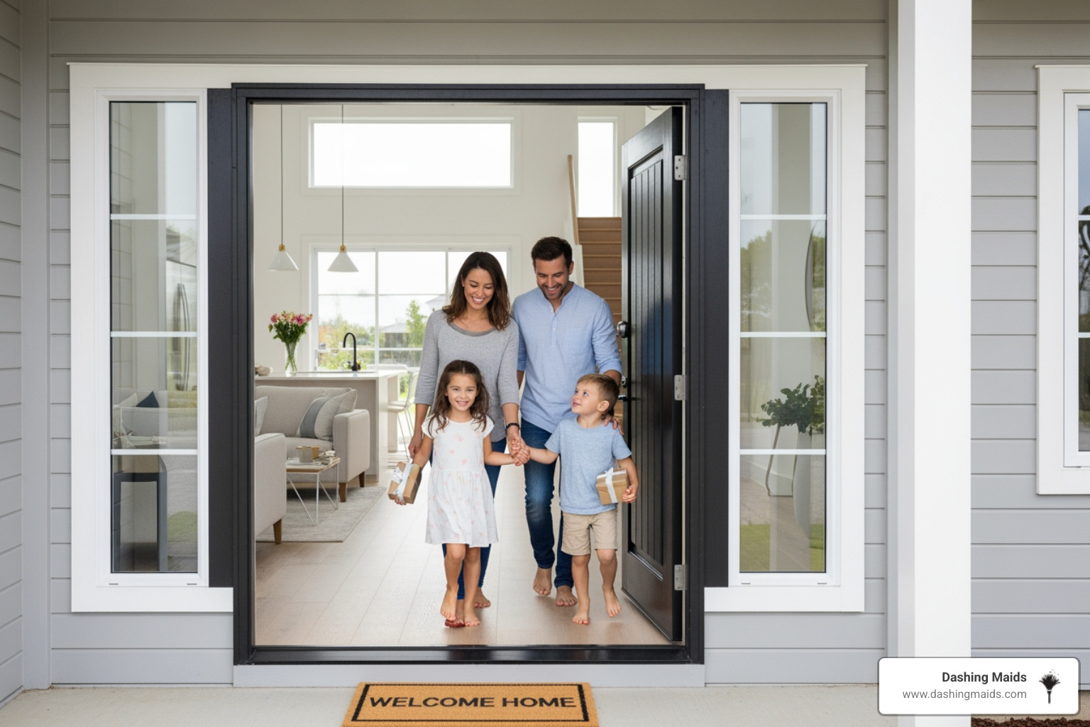 happy family walking into a sparkling clean new home - best move-in cleaning in golden co