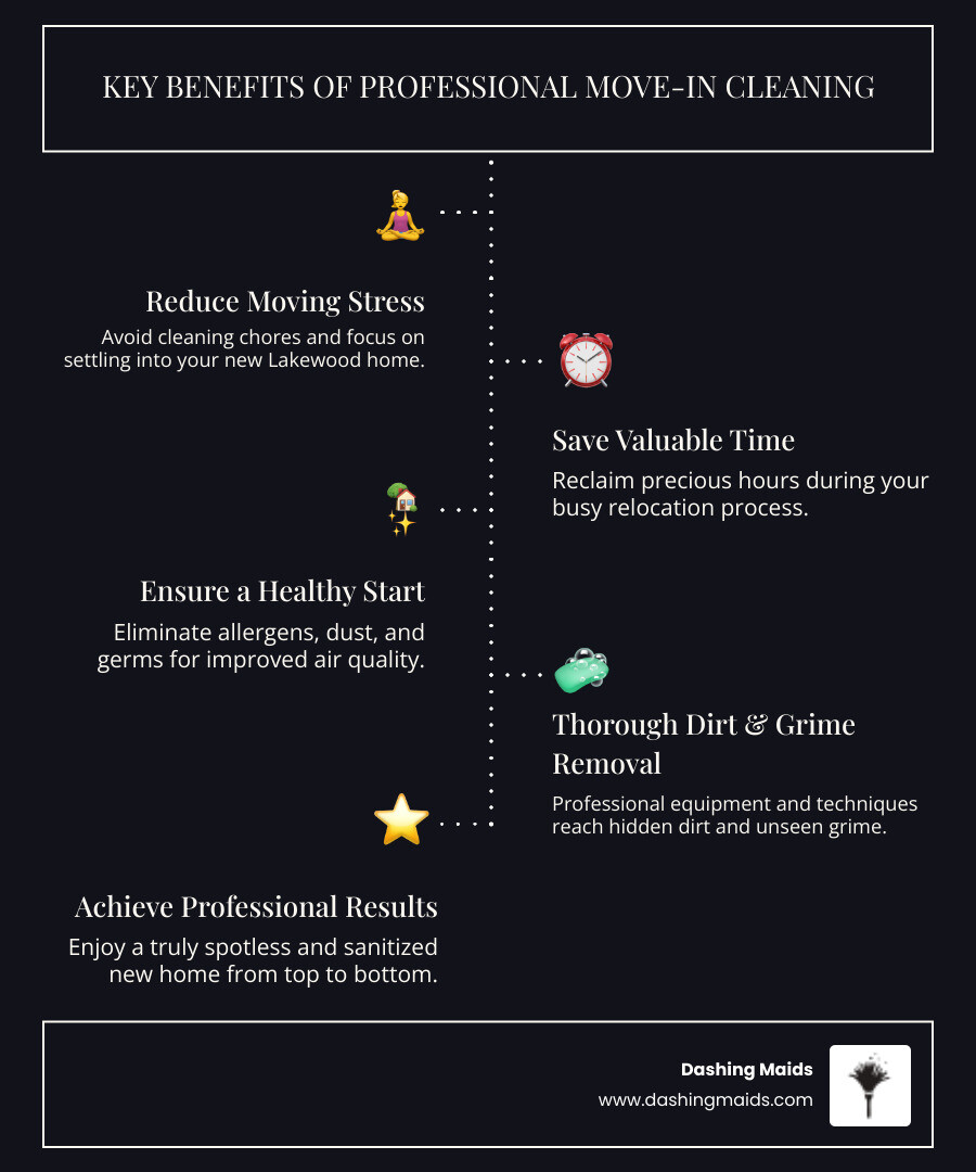 infographic showing benefits of professional move-in cleaning including stress reduction, time savings, allergen removal, professional equipment use, hidden dirt elimination, and healthy start in new home - best move-in cleaning in lakewood co infographic infographic-line-5-steps-dark