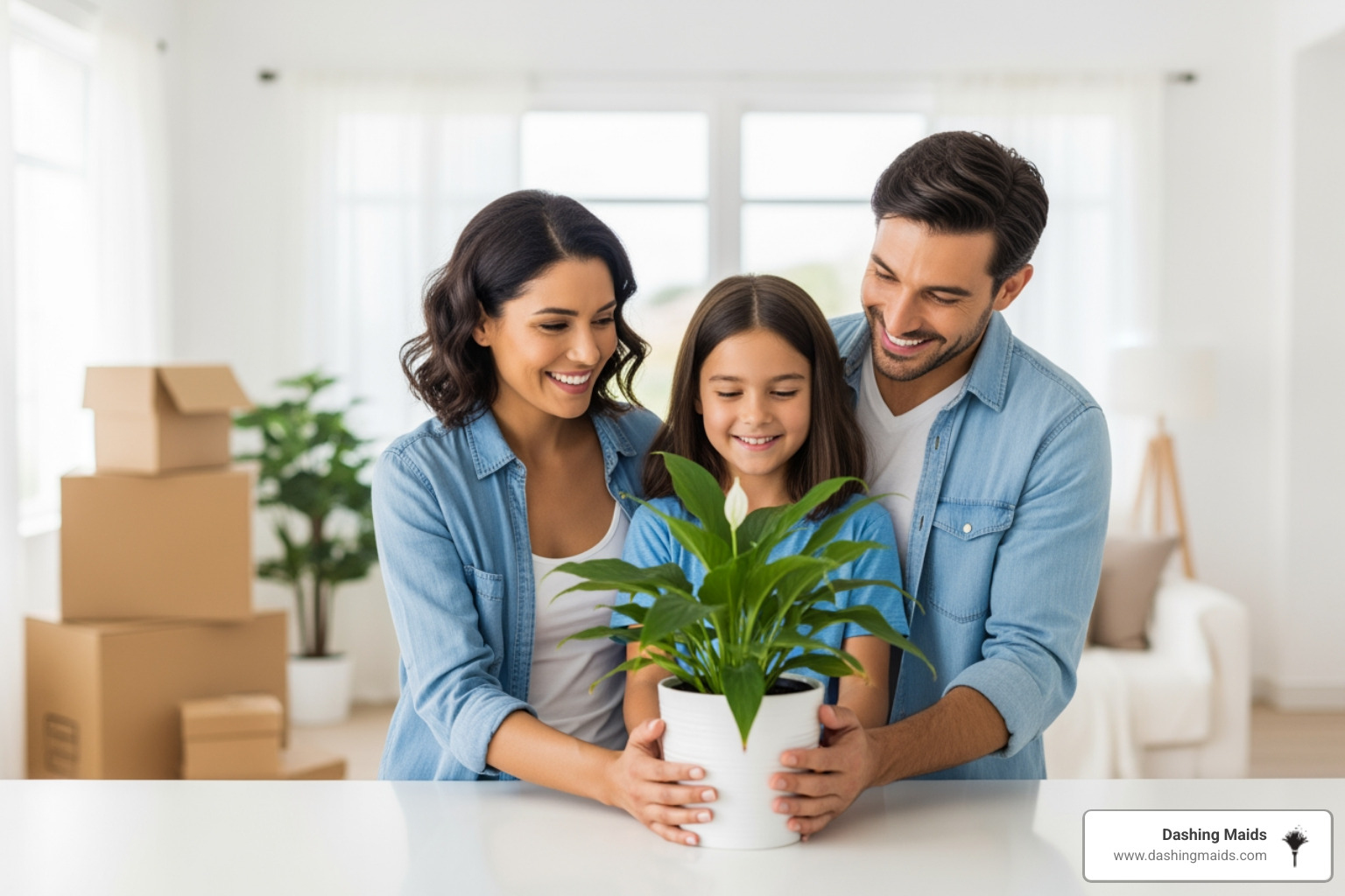 family happily placing a plant in their sparkling clean new home - best move-in cleaning in wheat ridge co